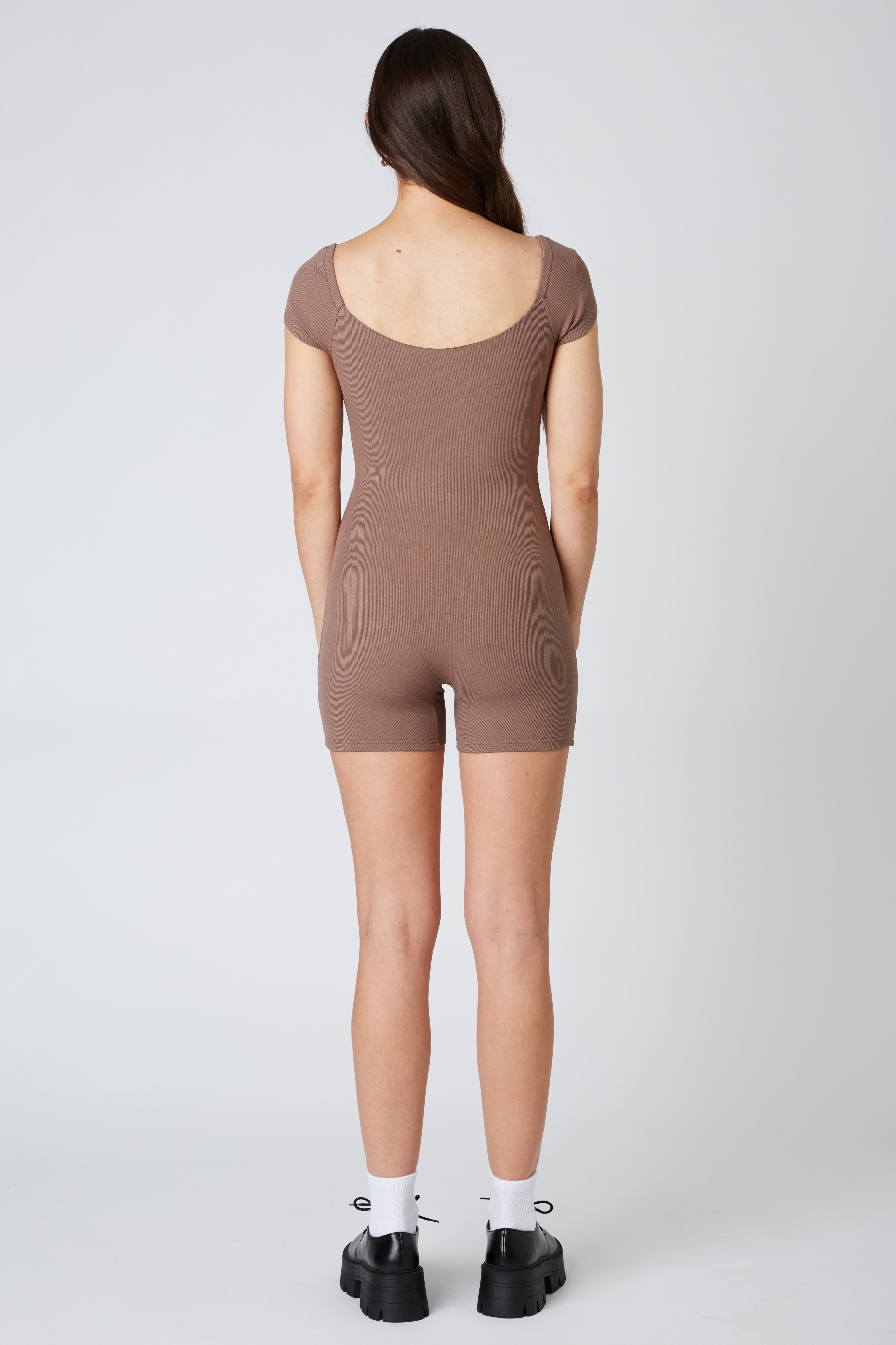 Ribbed Romper in cocoa back view