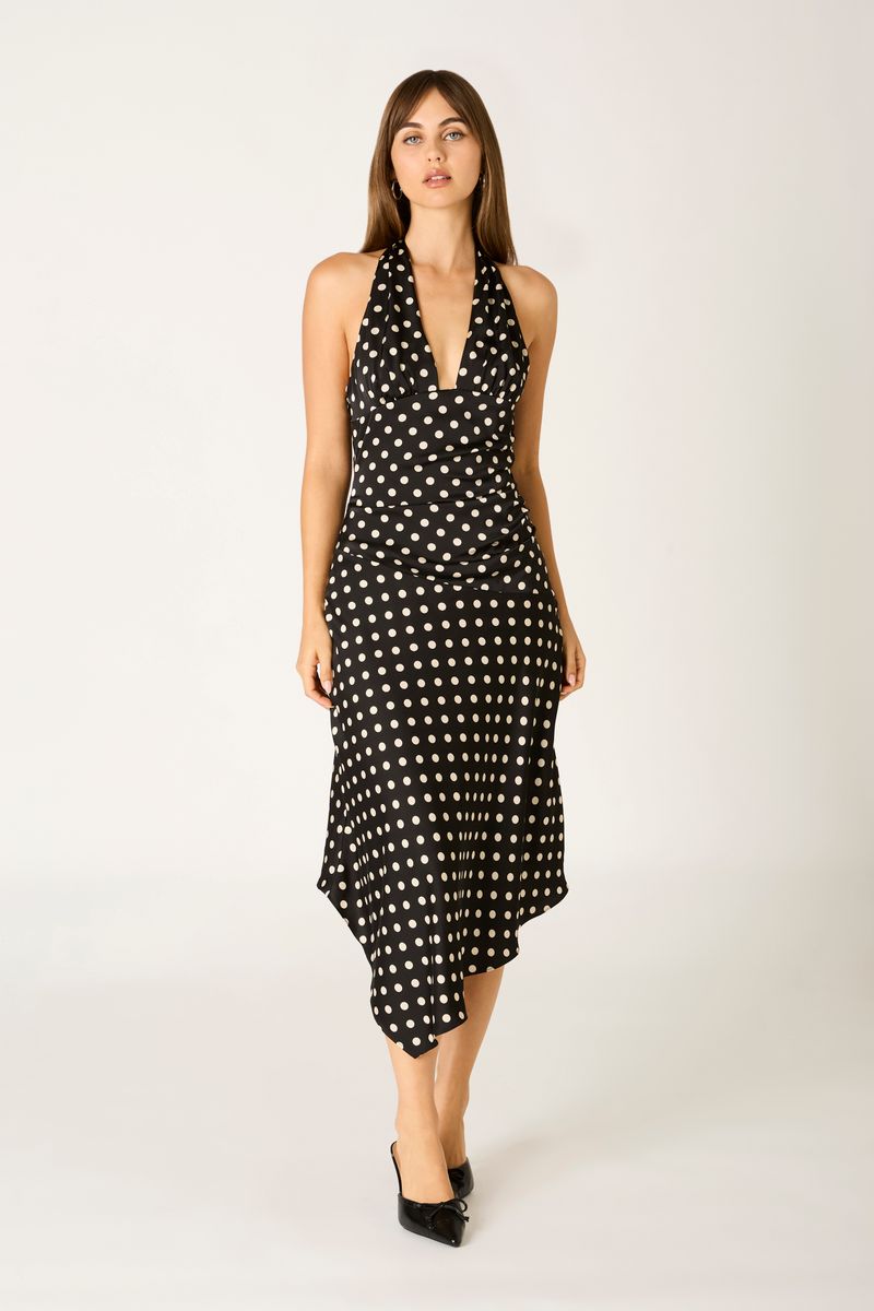 Polka Dot Halter Midi Dress in black front view
