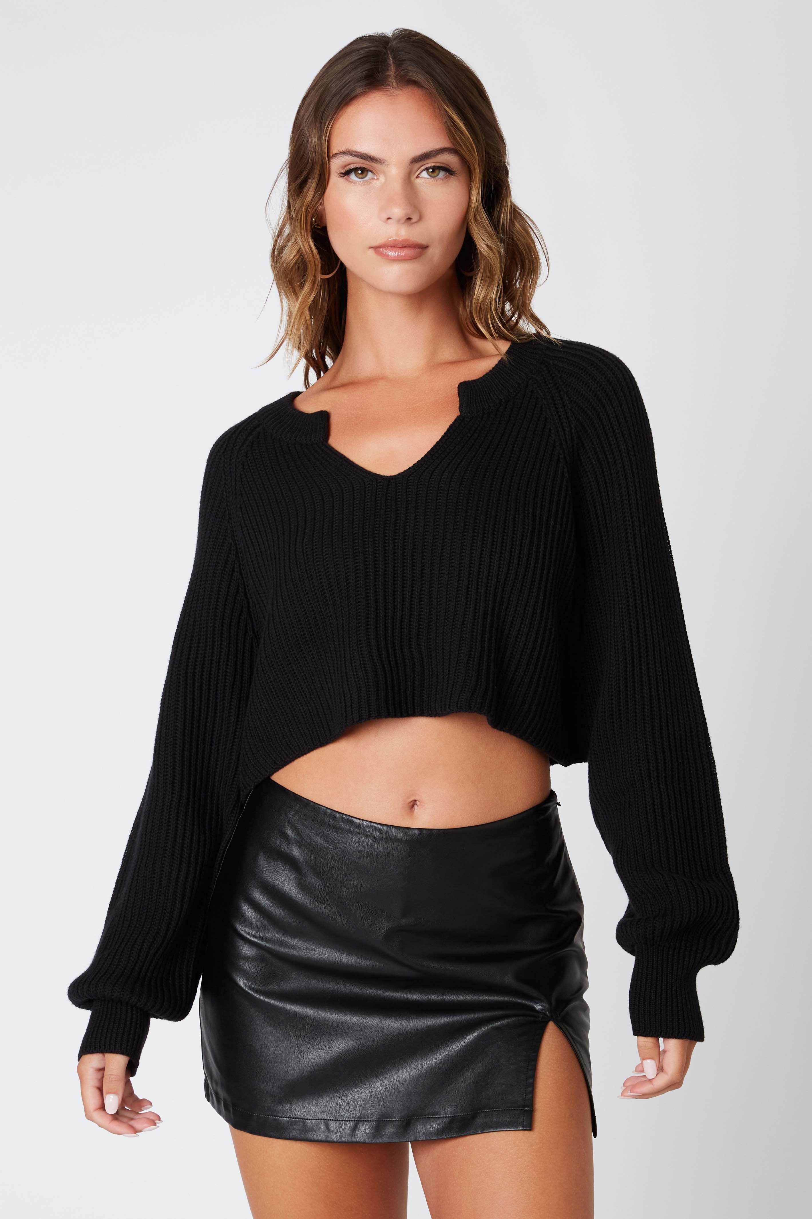 Notched Cropped Sweater in Black Front View