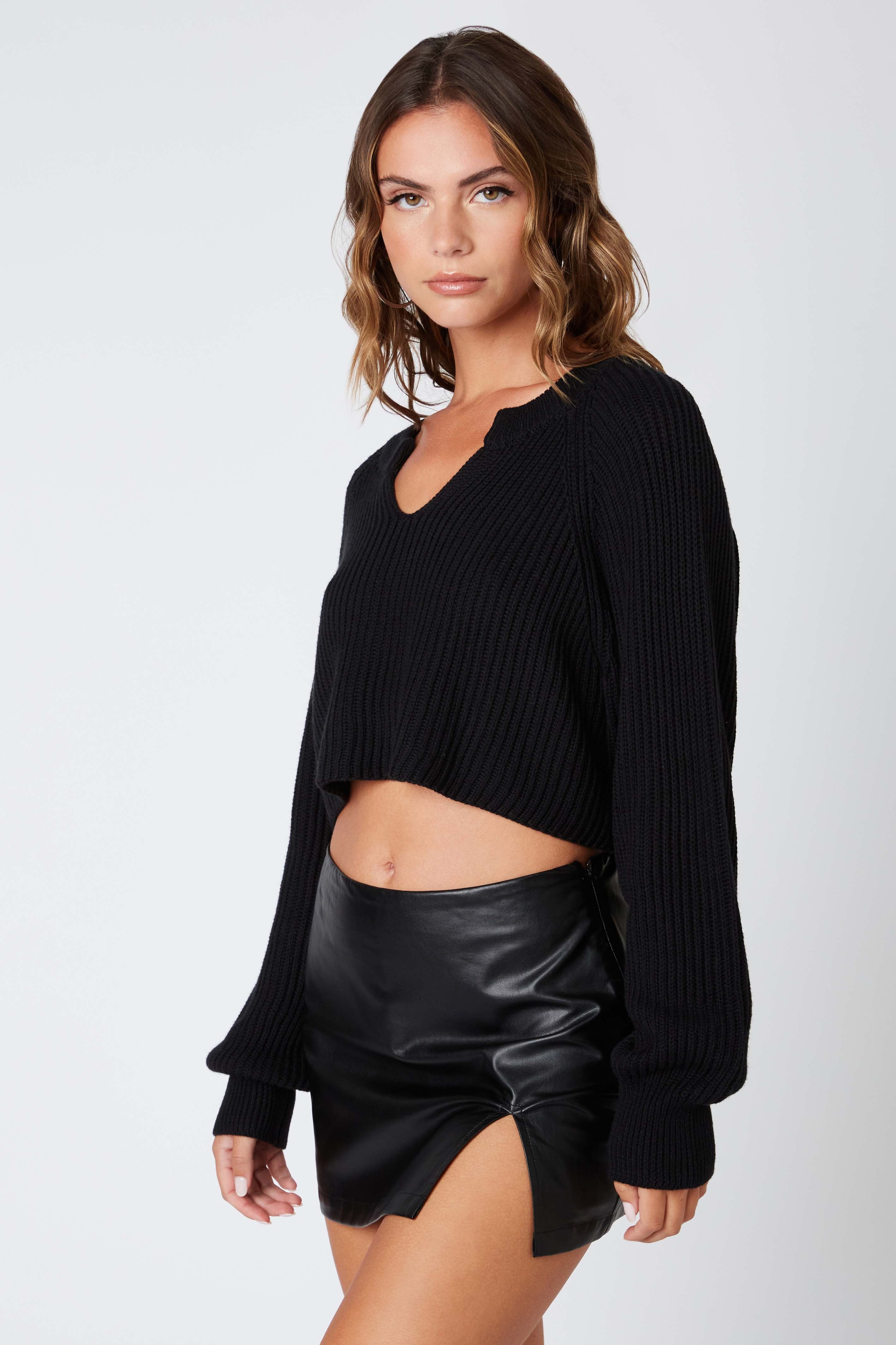 Notched Cropped Sweater in Black Side View
