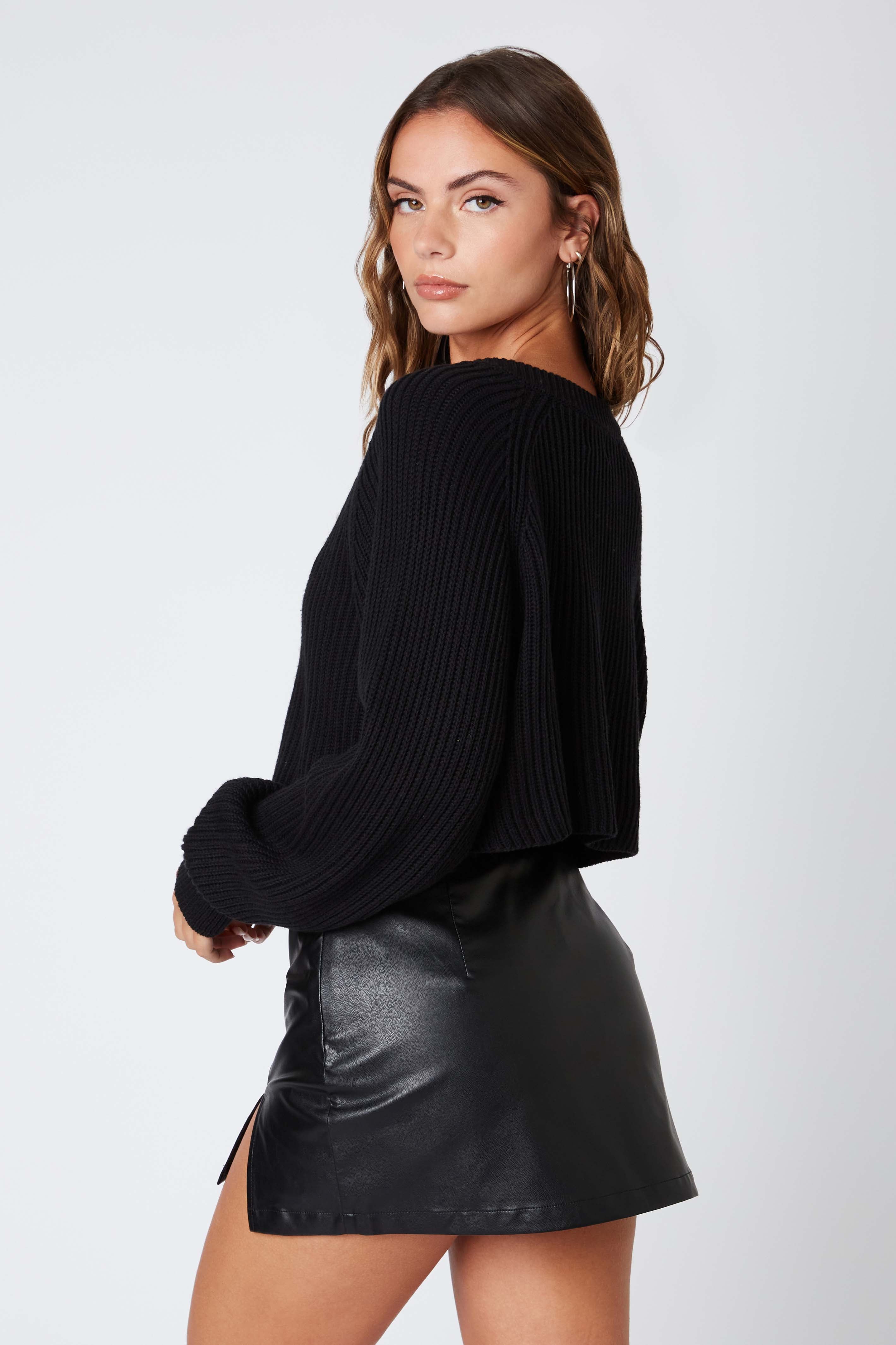 Notched Cropped Sweater in Black Back View