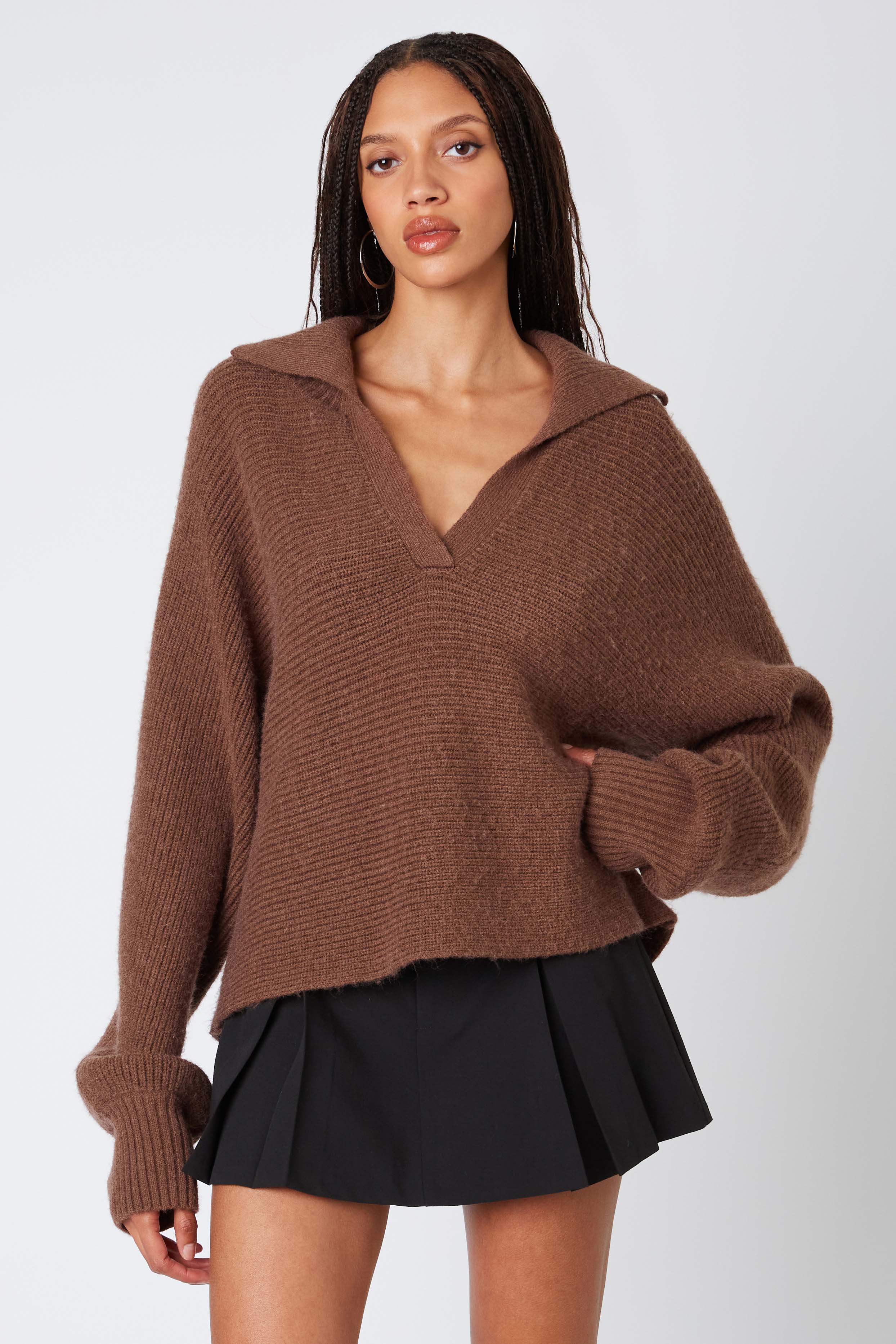 Oversized Polo Sweater in Cocoa Front View