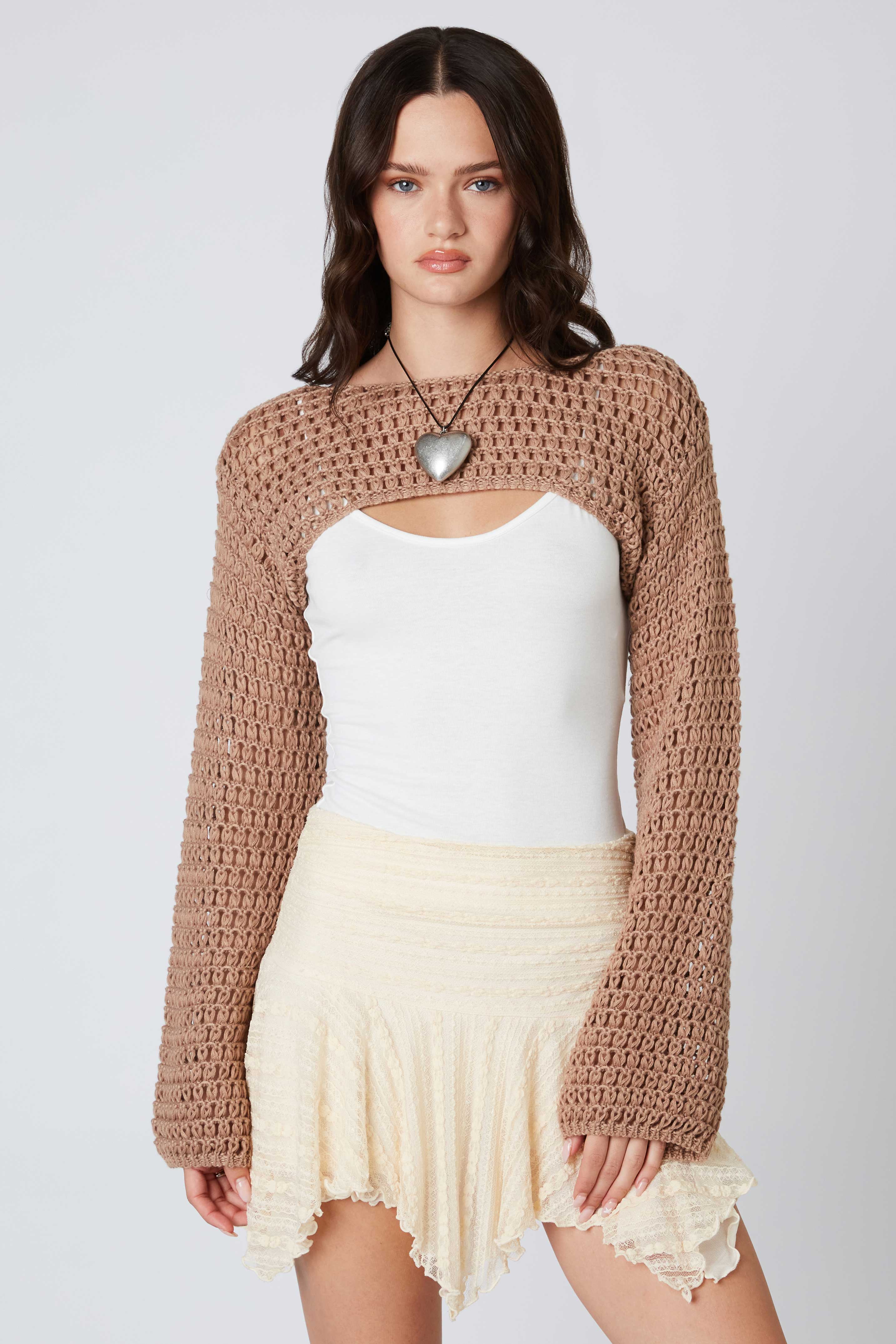 Open Knit Shrug in Mocha Front View