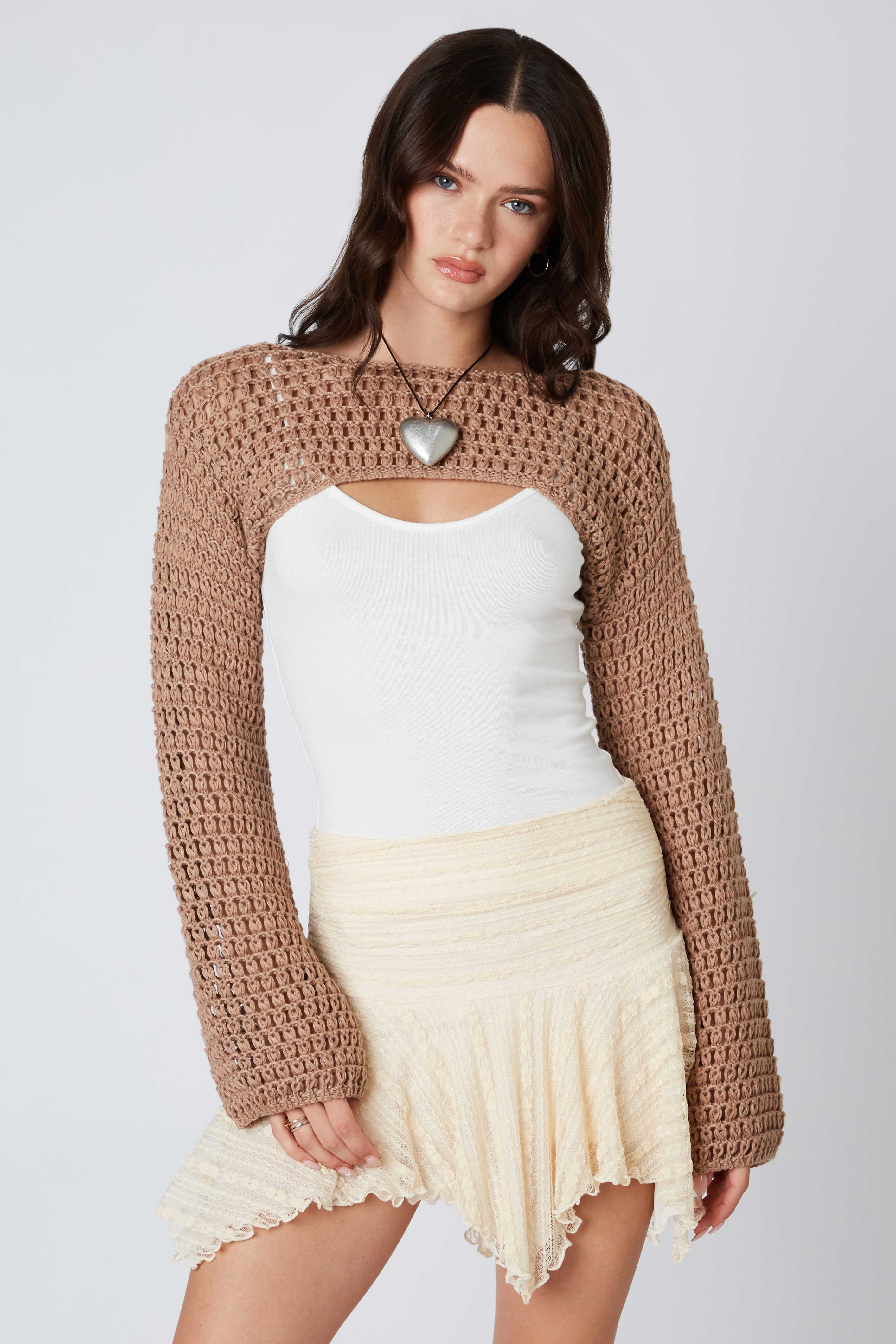 Open Knit Shrug in Mocha Front View