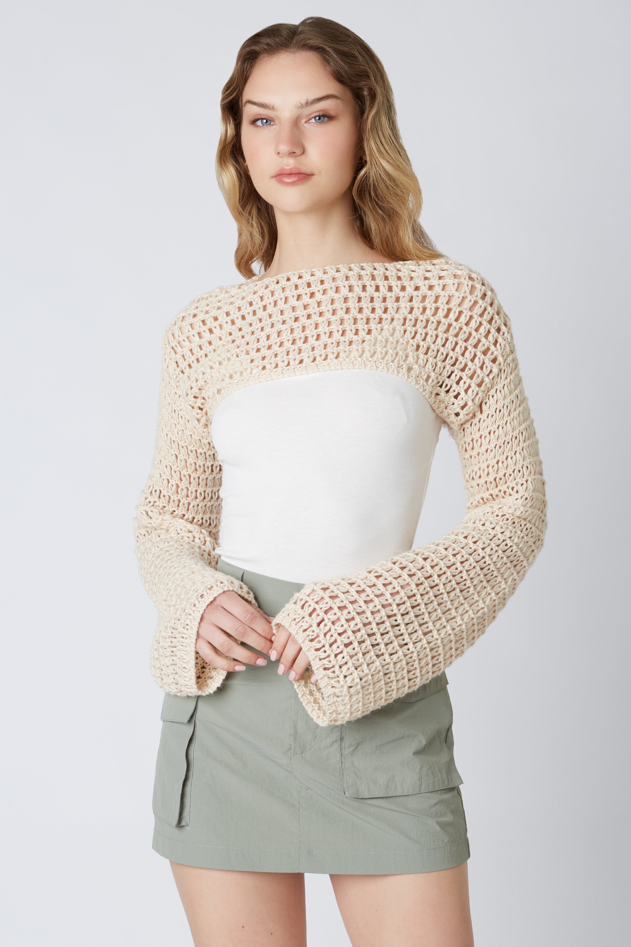 Open Knit Shrug in Natural Front