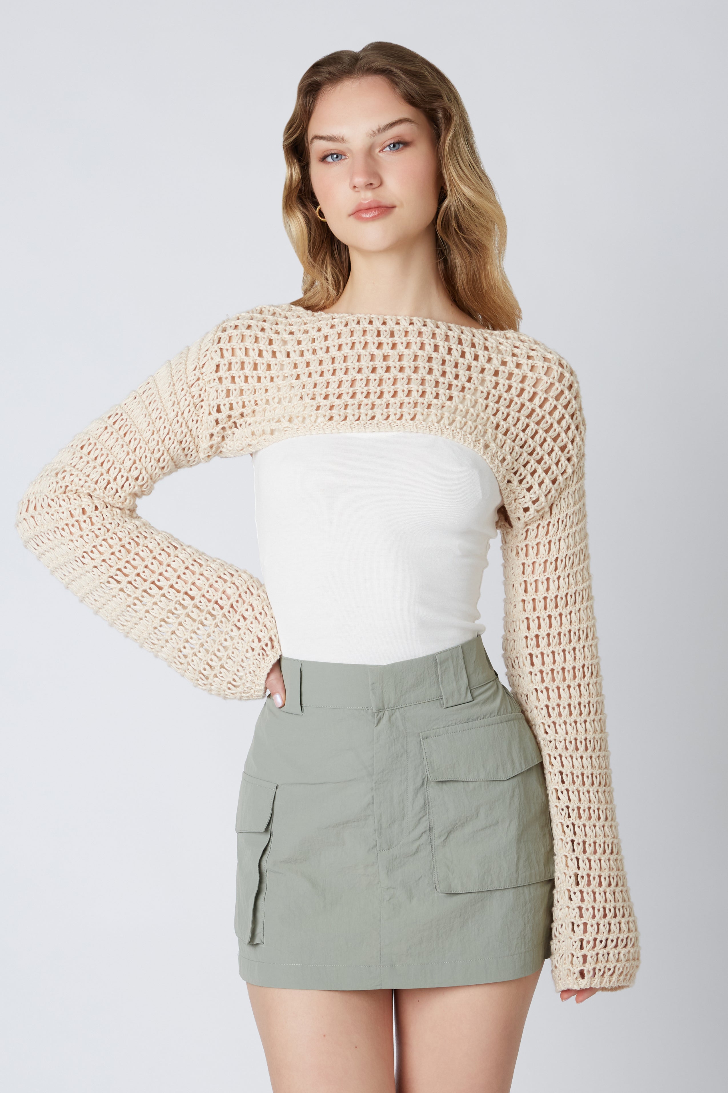 Open Knit Shrug in Natural Front
