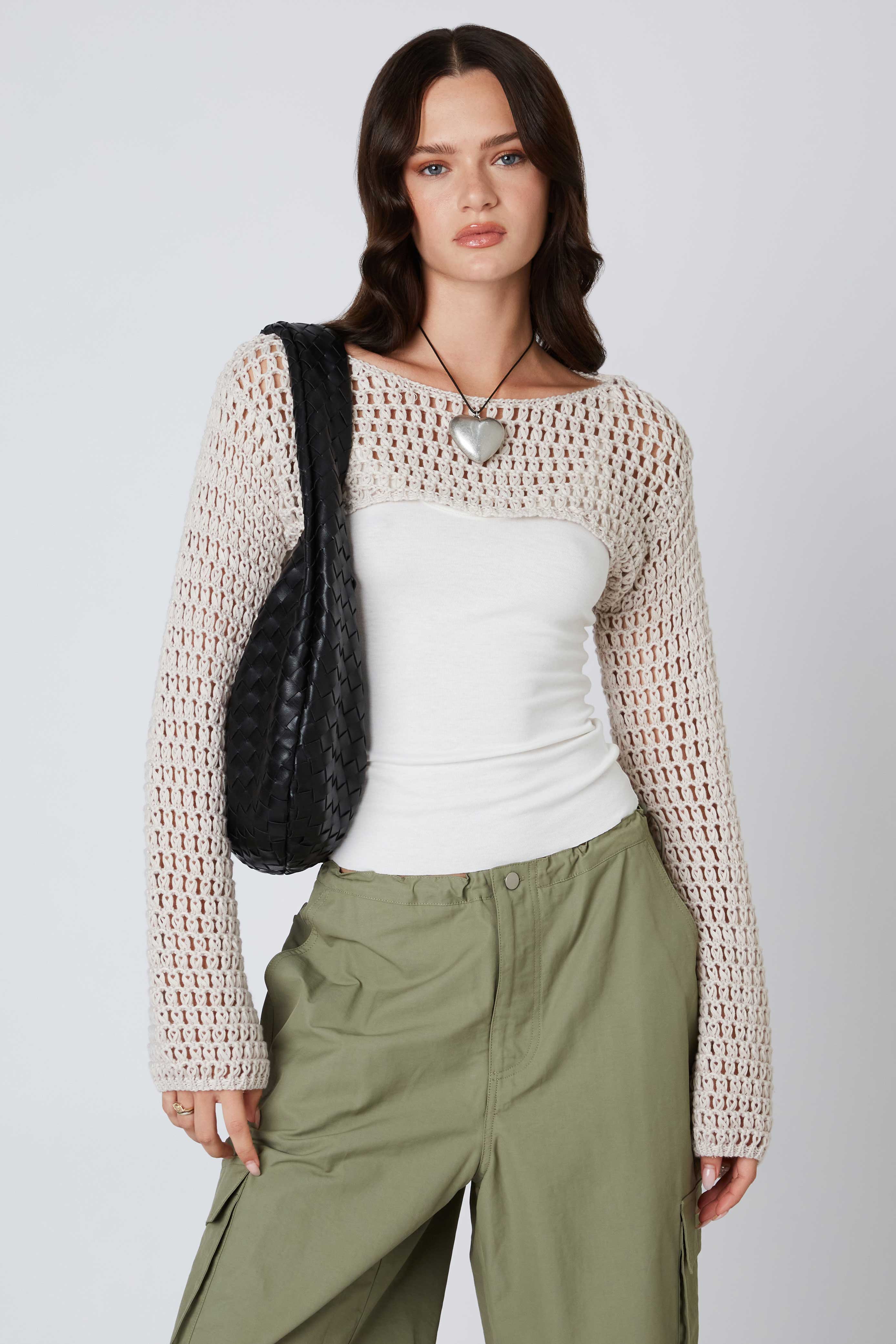 Open Knit Shrug in Stone Front View