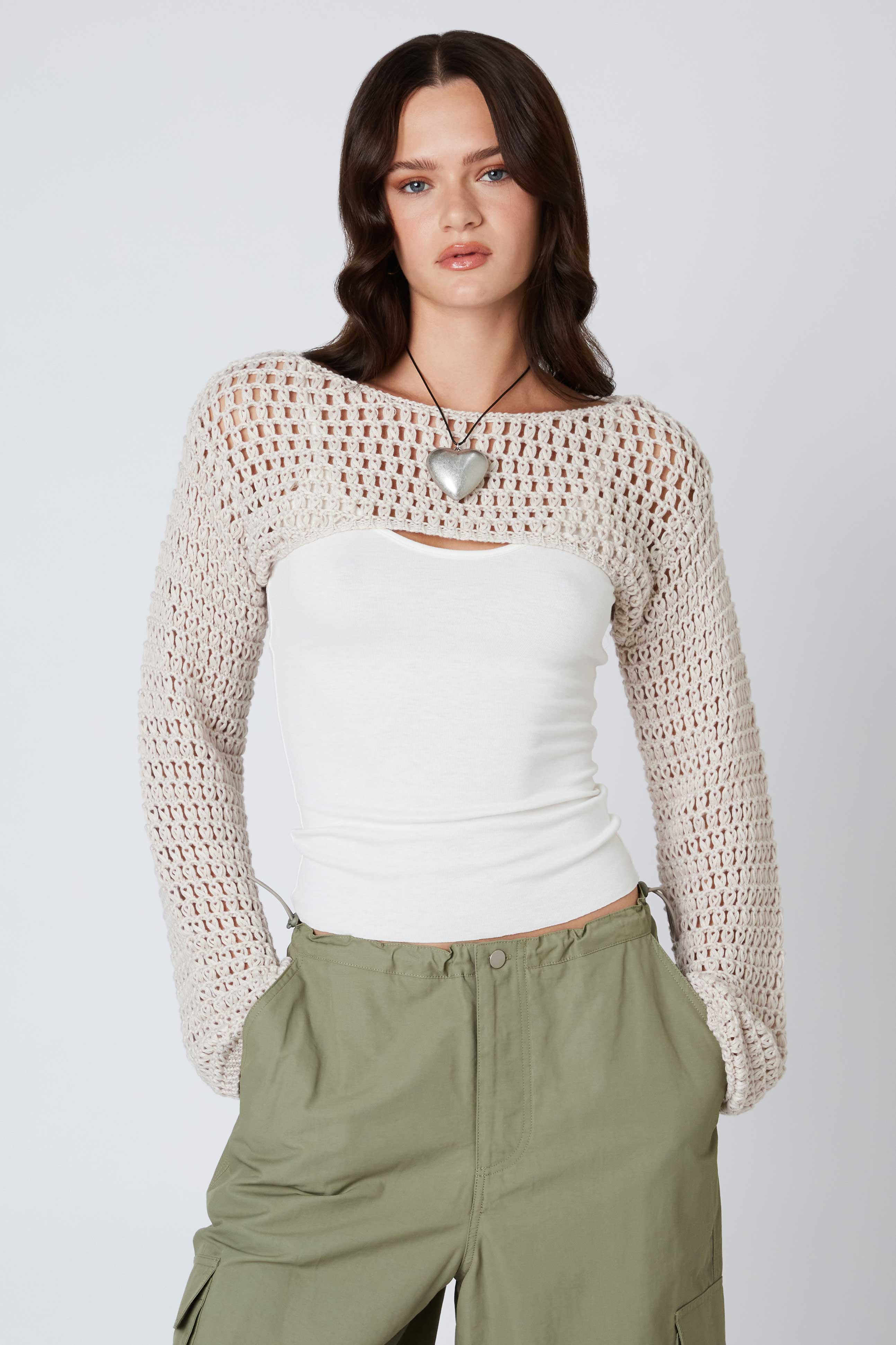 Open Knit Shrug in Stone Front View