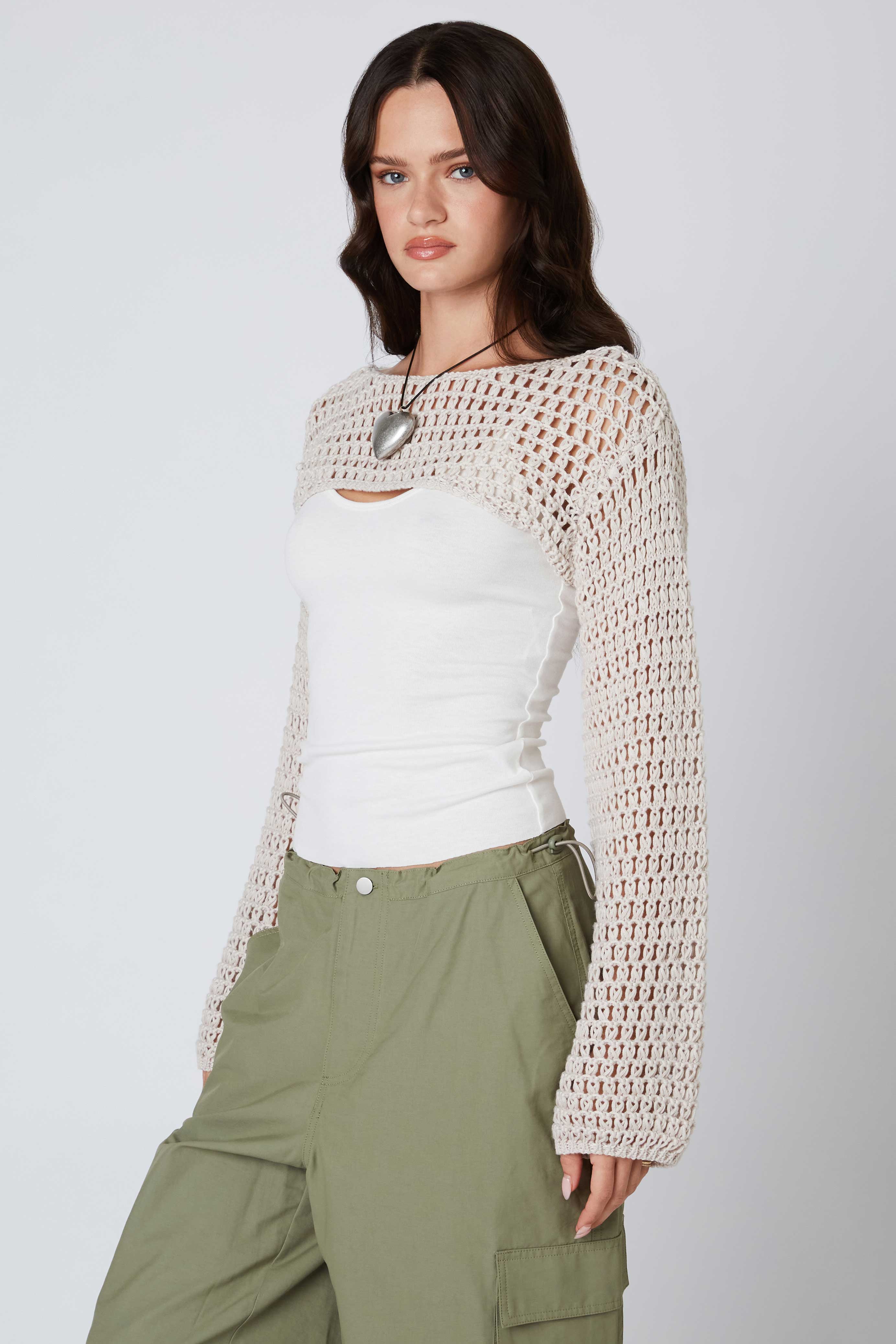 Open Knit Shrug in Stone Side View