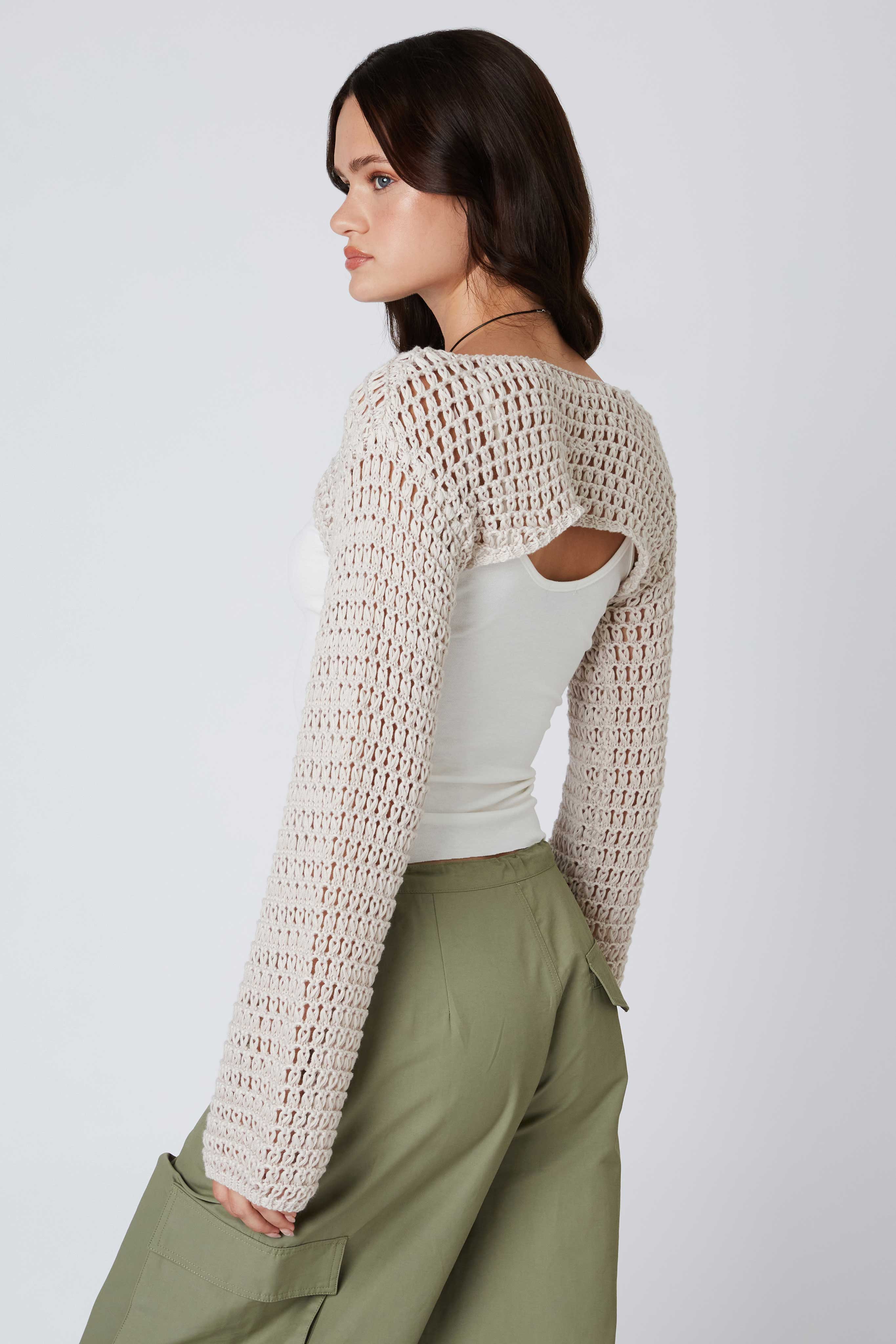 Open Knit Shrug in Stone Back View