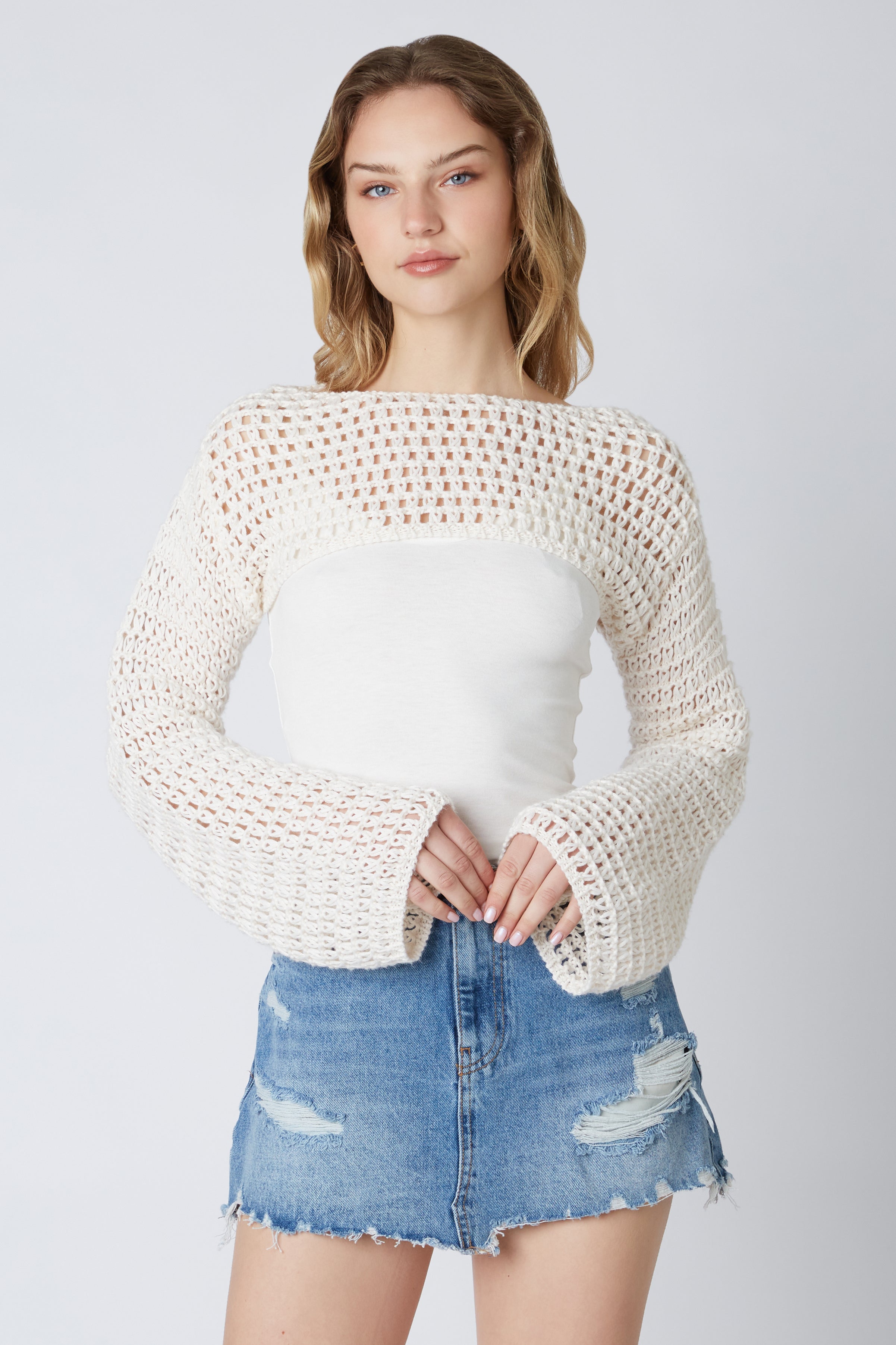 Open Knit Shrug in White Front