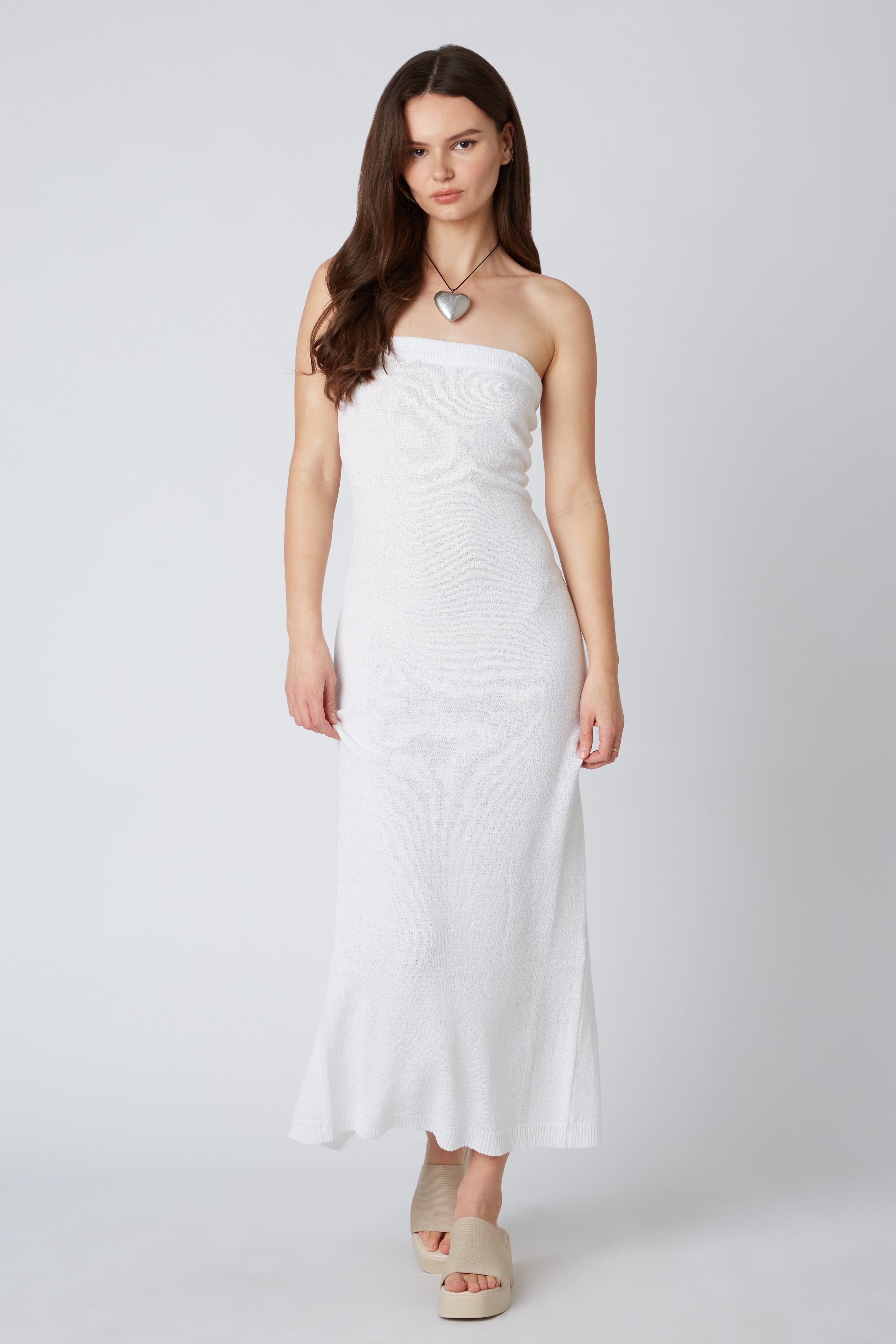 Strapless Knit Maxi Dress in White Front