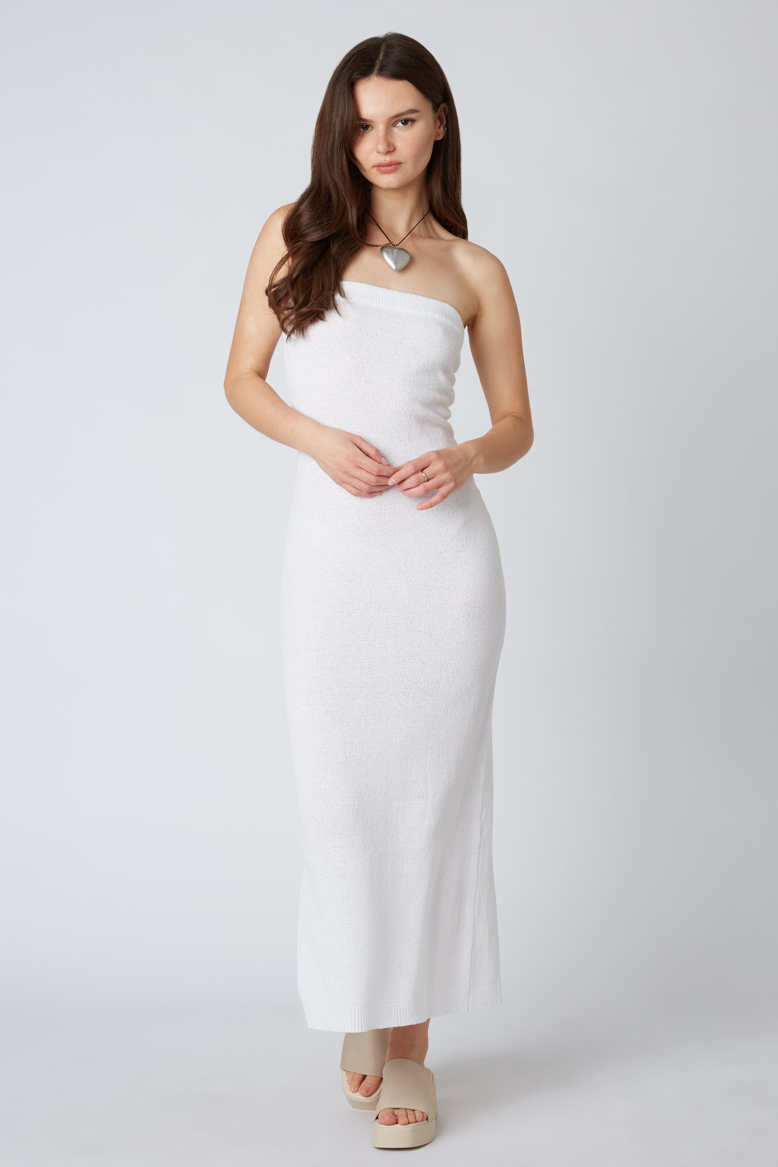 Strapless Knit Maxi Dress in White Front