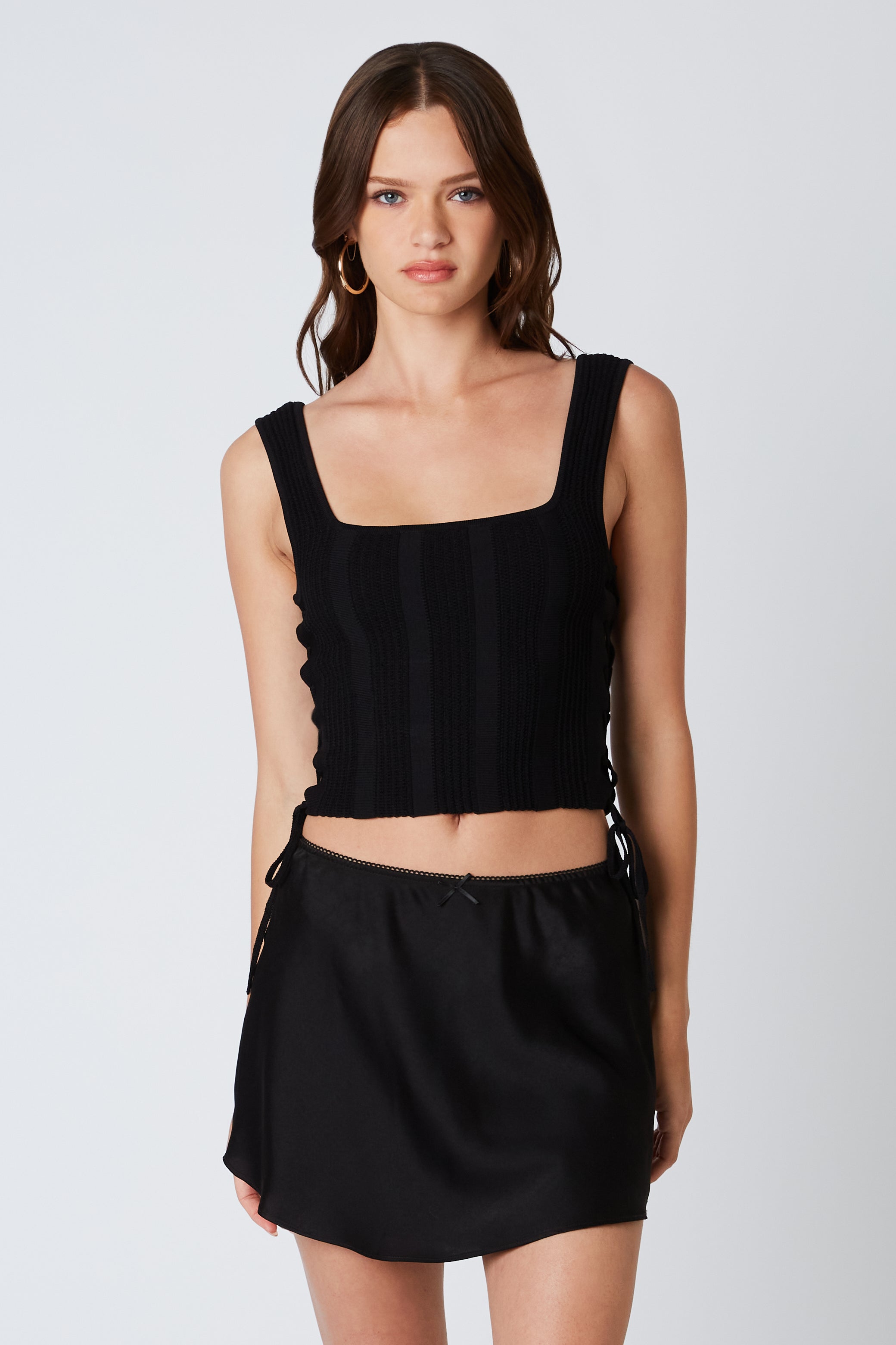 Square Neck Knit Tank in Black Front