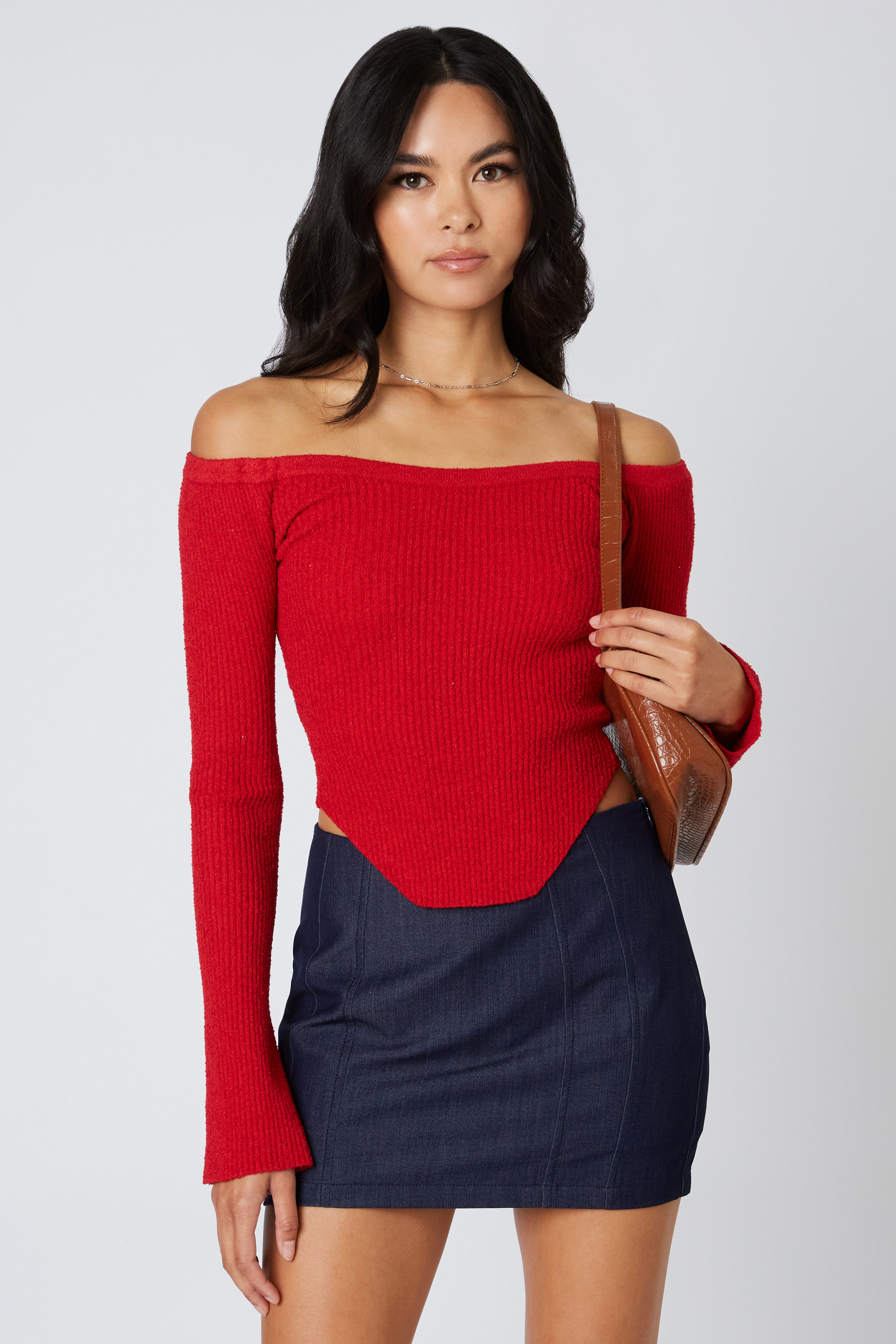 Off the Shoulder Knit Sweater in Red Front View
