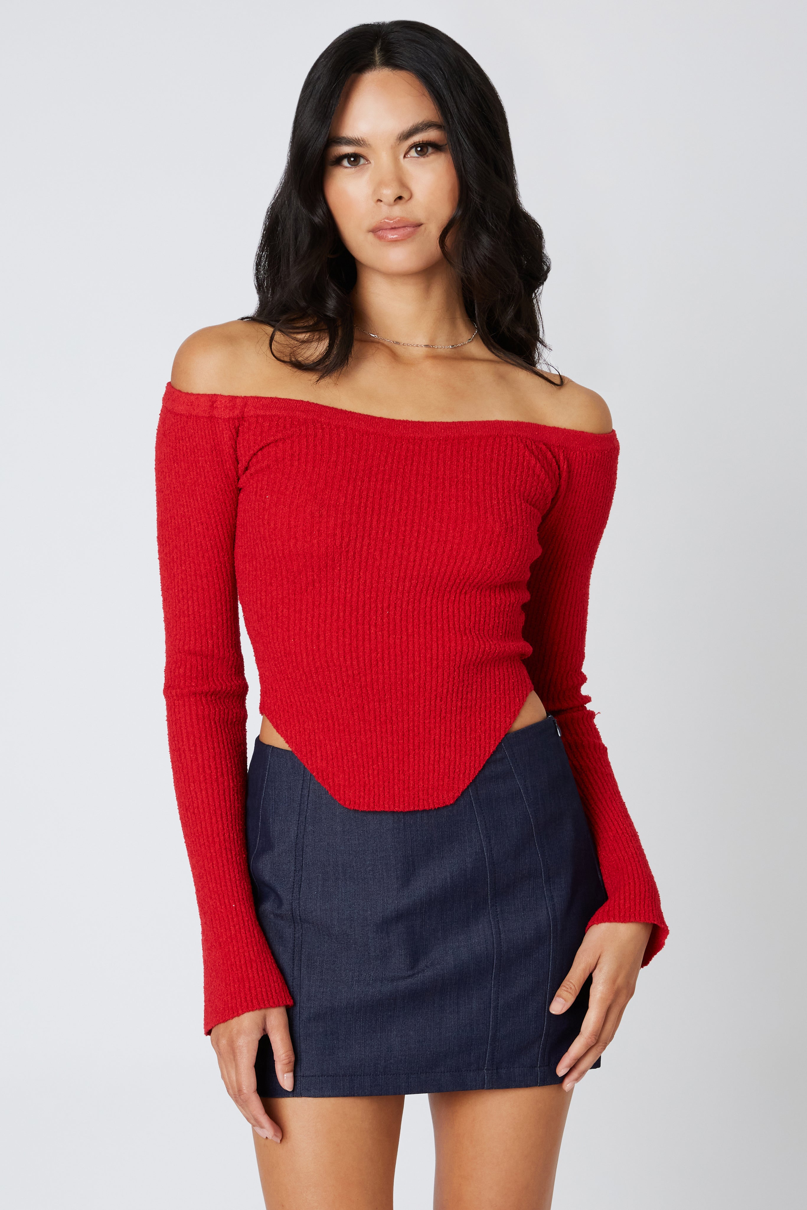 Off the Shoulder Knit Sweater in Red Front View