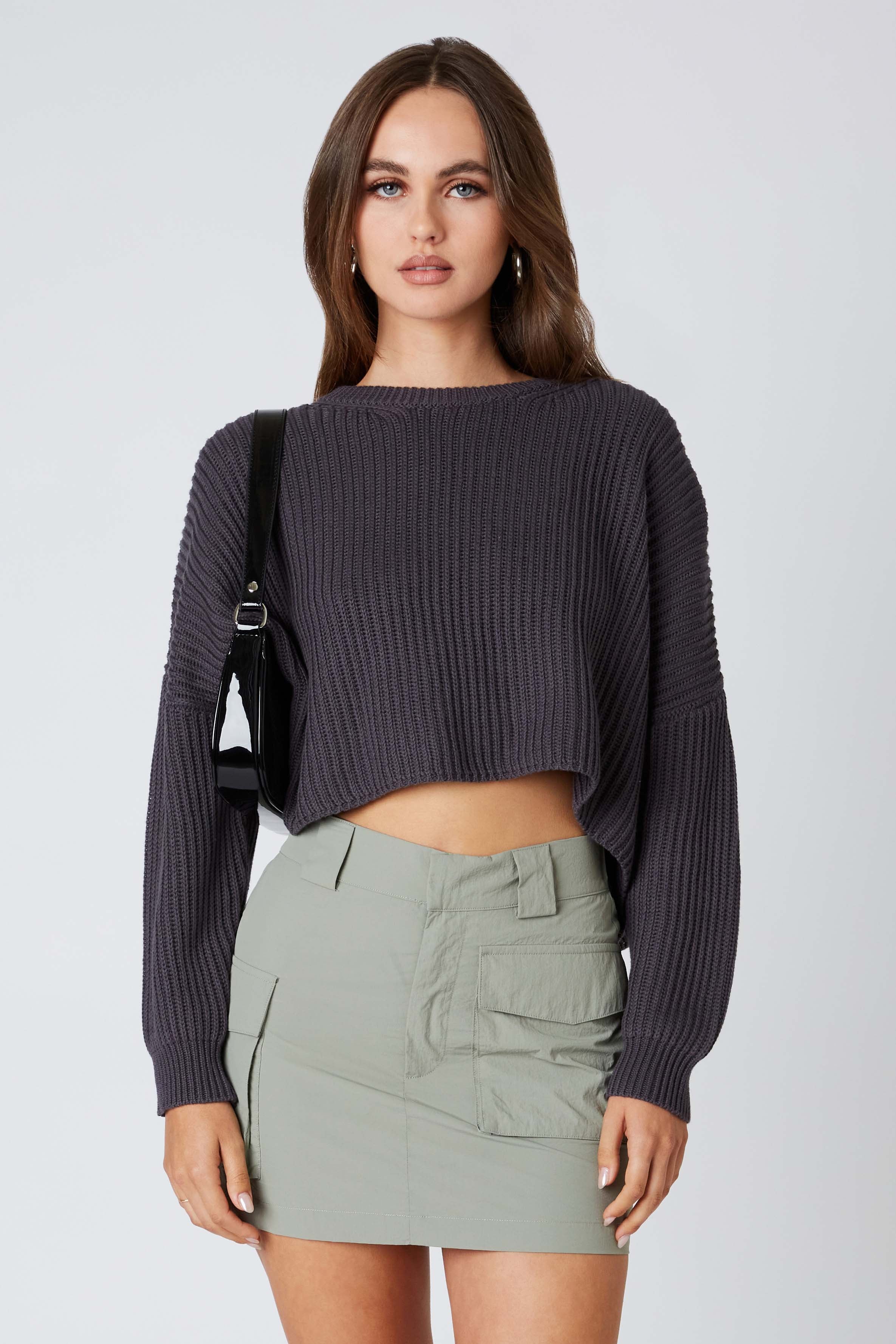 Boxy Cropped Sweater in Dark Slate Front View