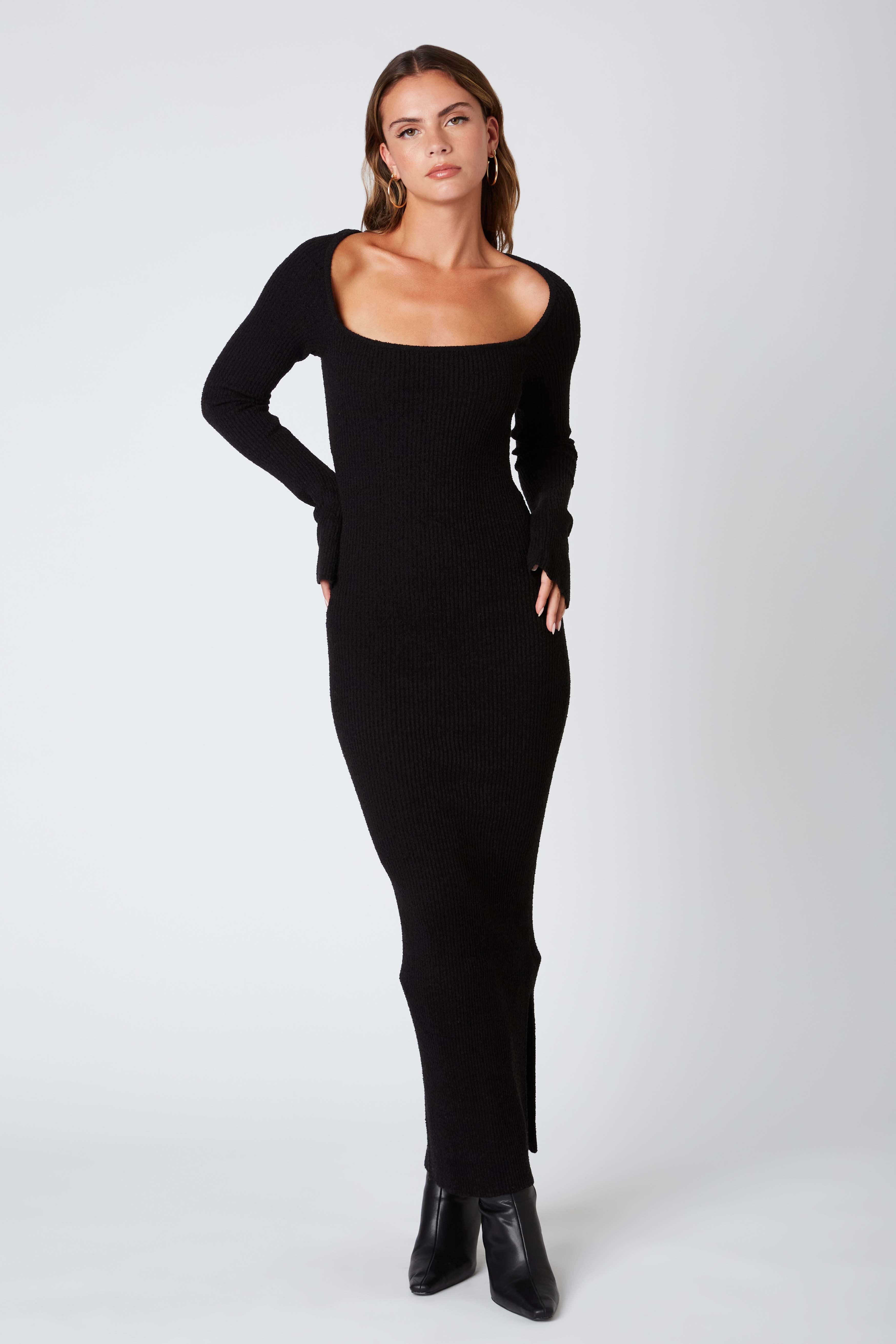 Knit Long Sleeve Maxi Dress in Black Front View