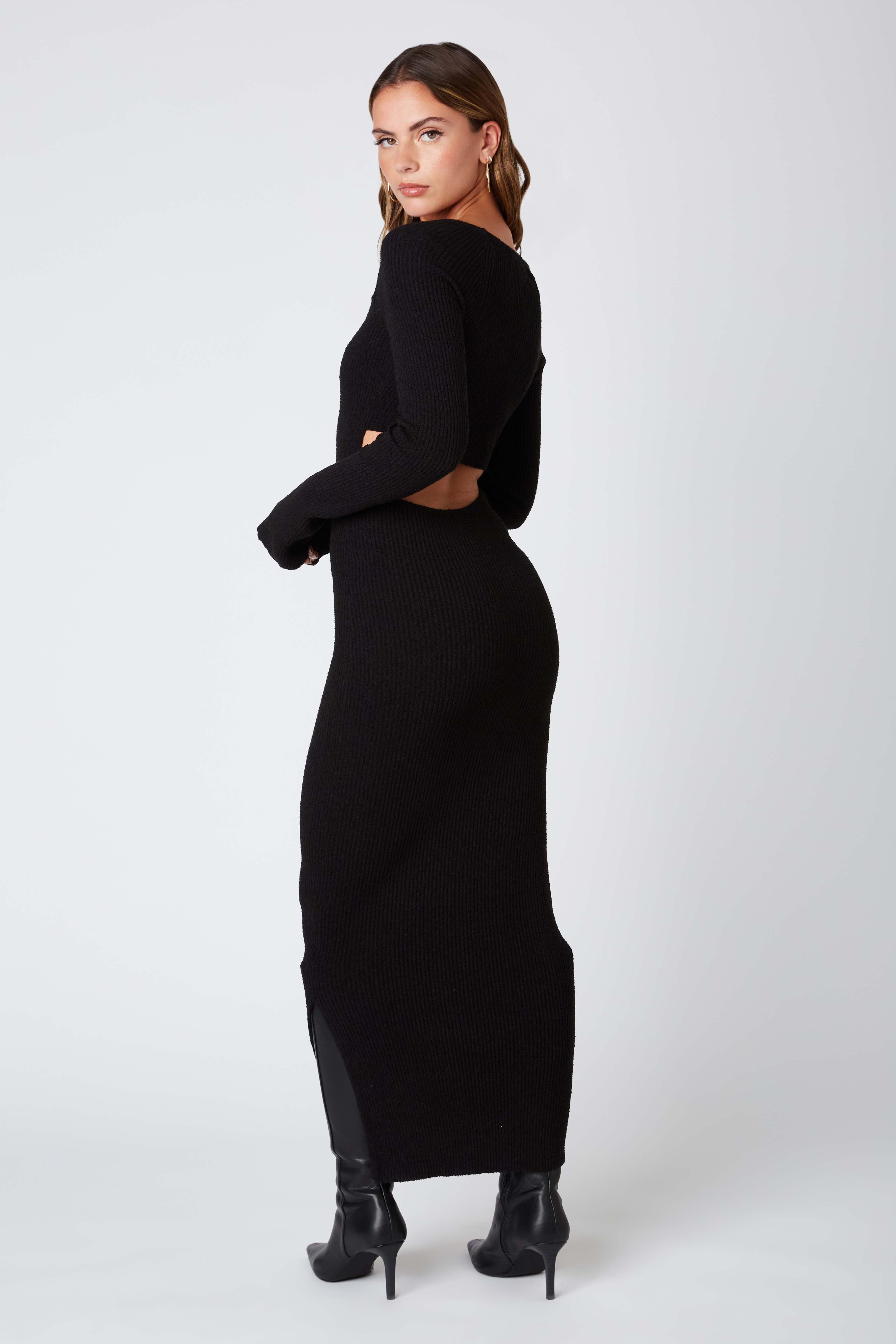 Knit Long Sleeve Maxi Dress in Black Back View