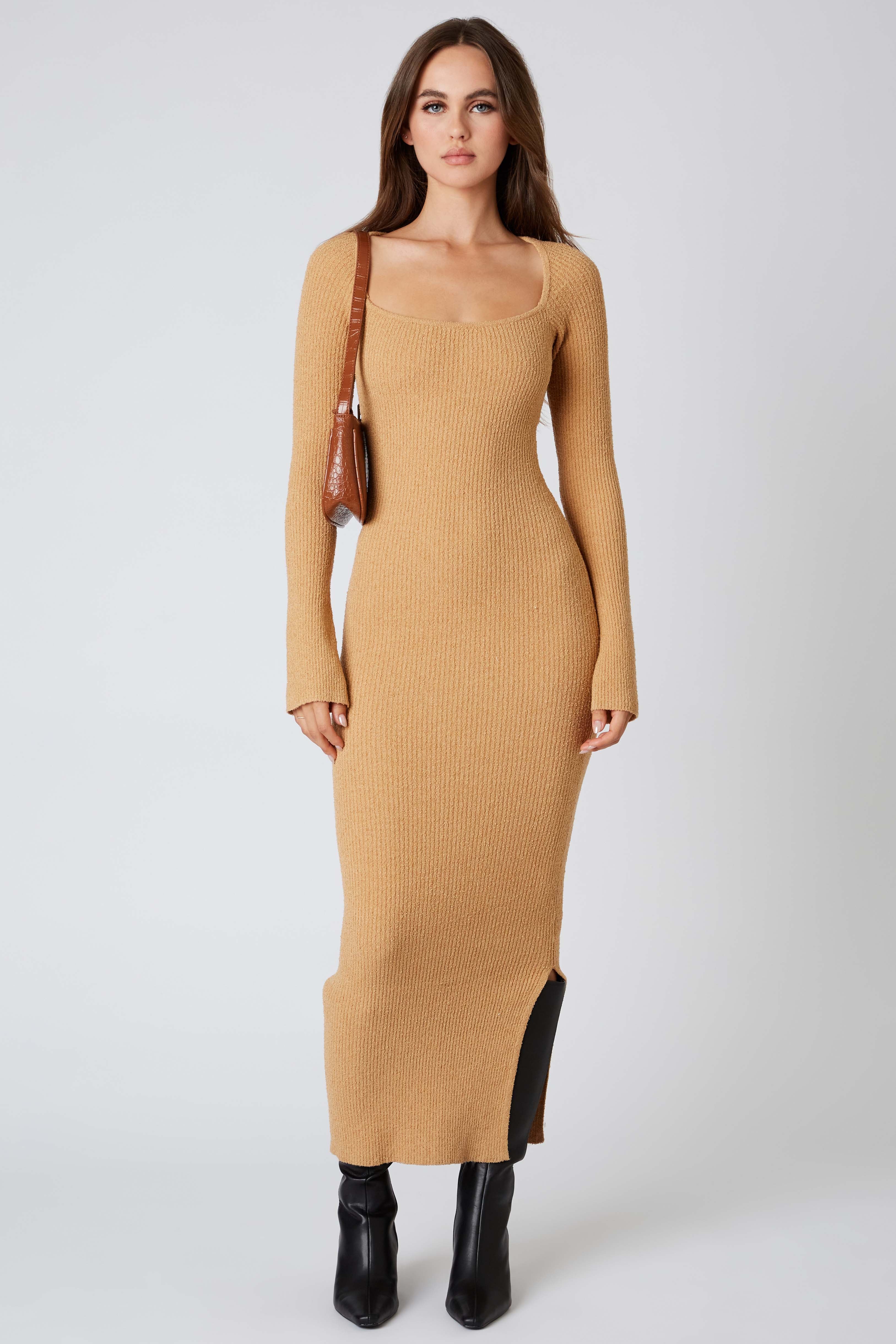 Knit Long Sleeve Maxi Dress in Tan Front View