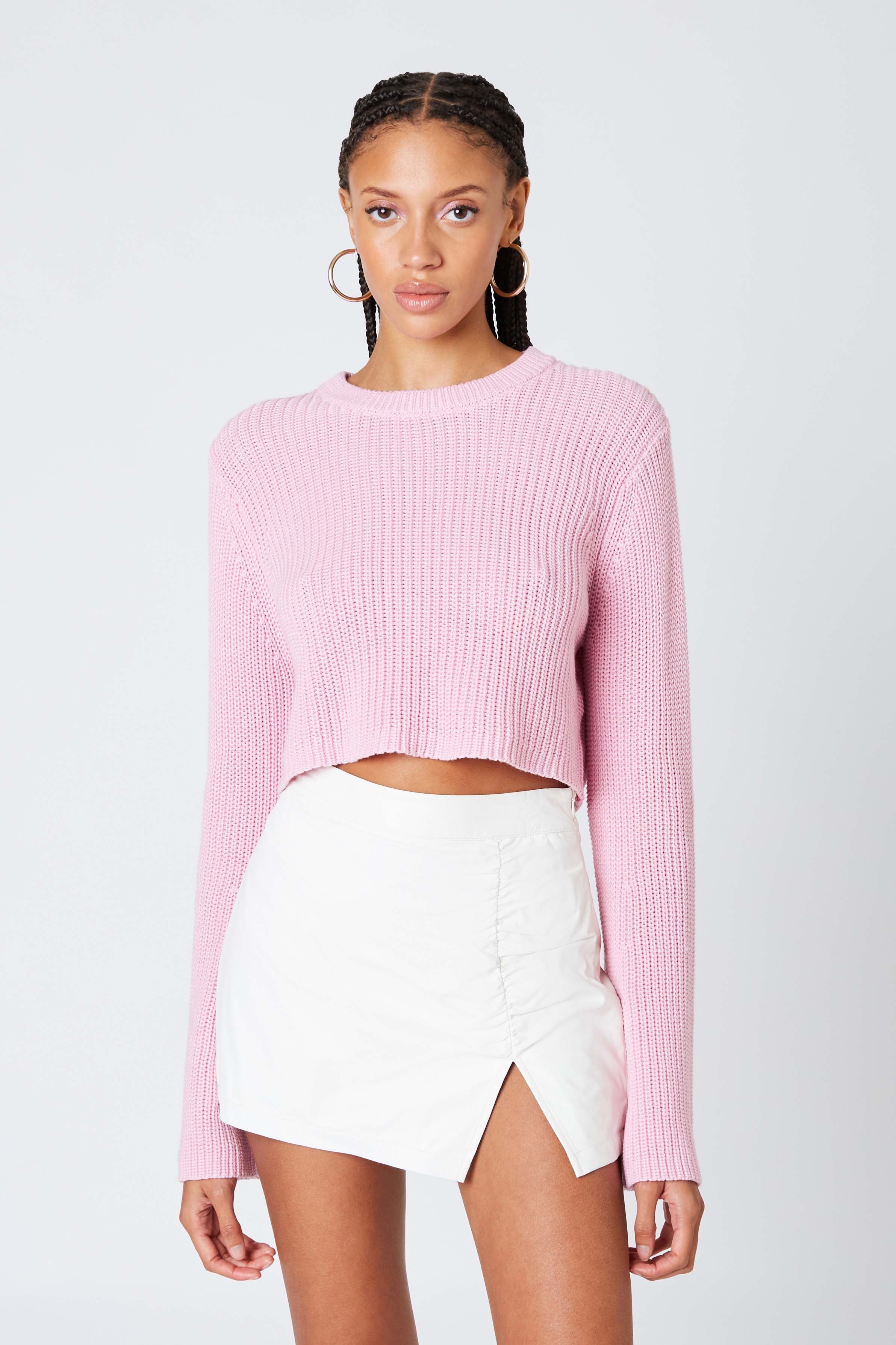 Cropped Crewneck Sweater in Petal Pink Front View