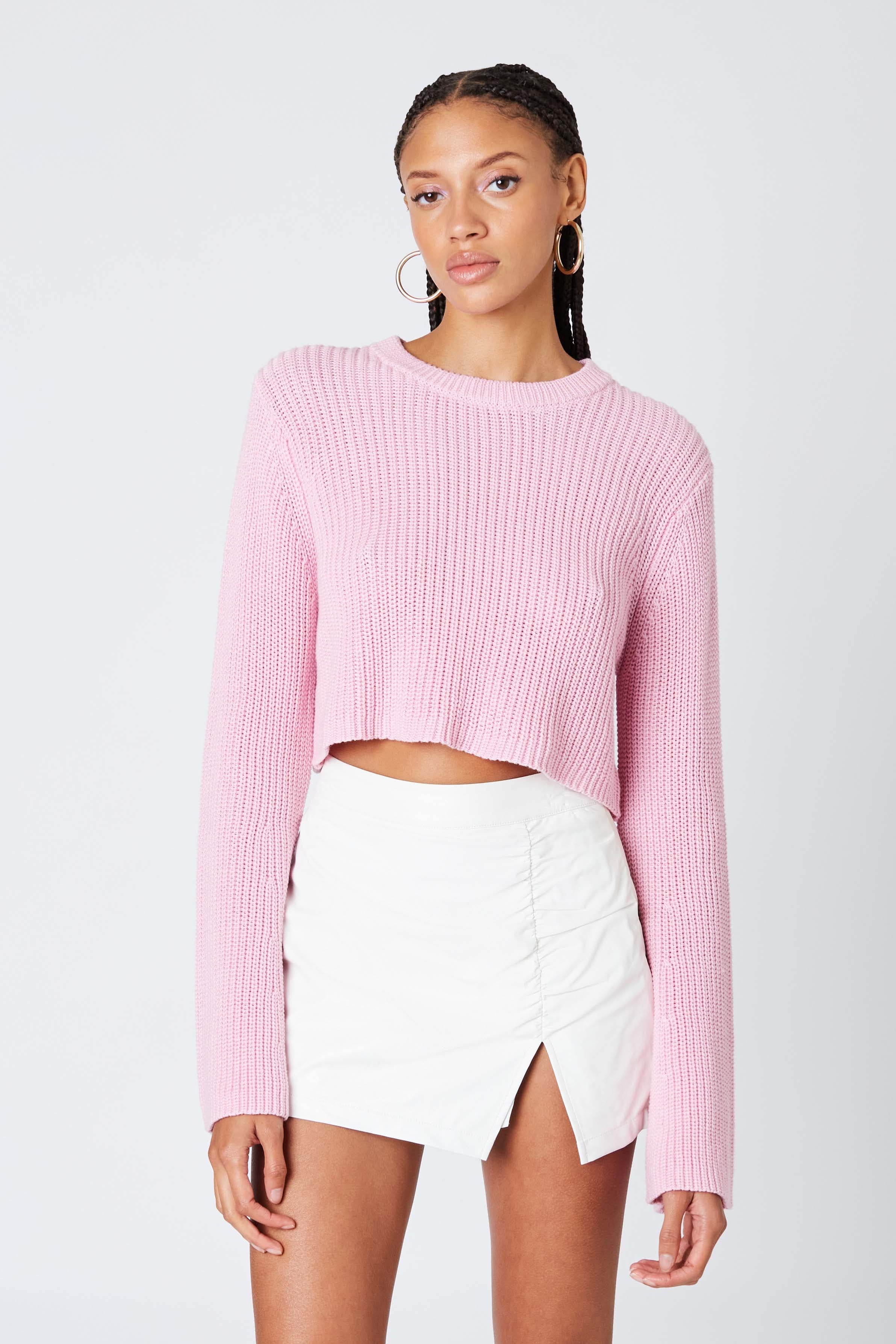 Cropped Crewneck Sweater in Petal Pink Front View
