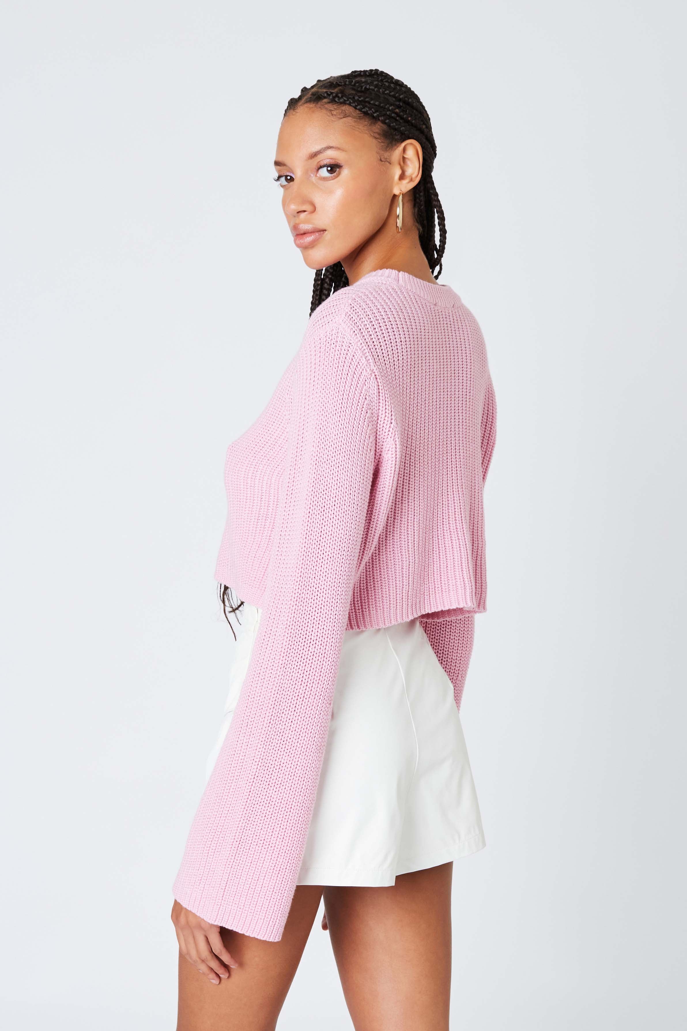 Cropped Crewneck Sweater in Petal Pink Back View