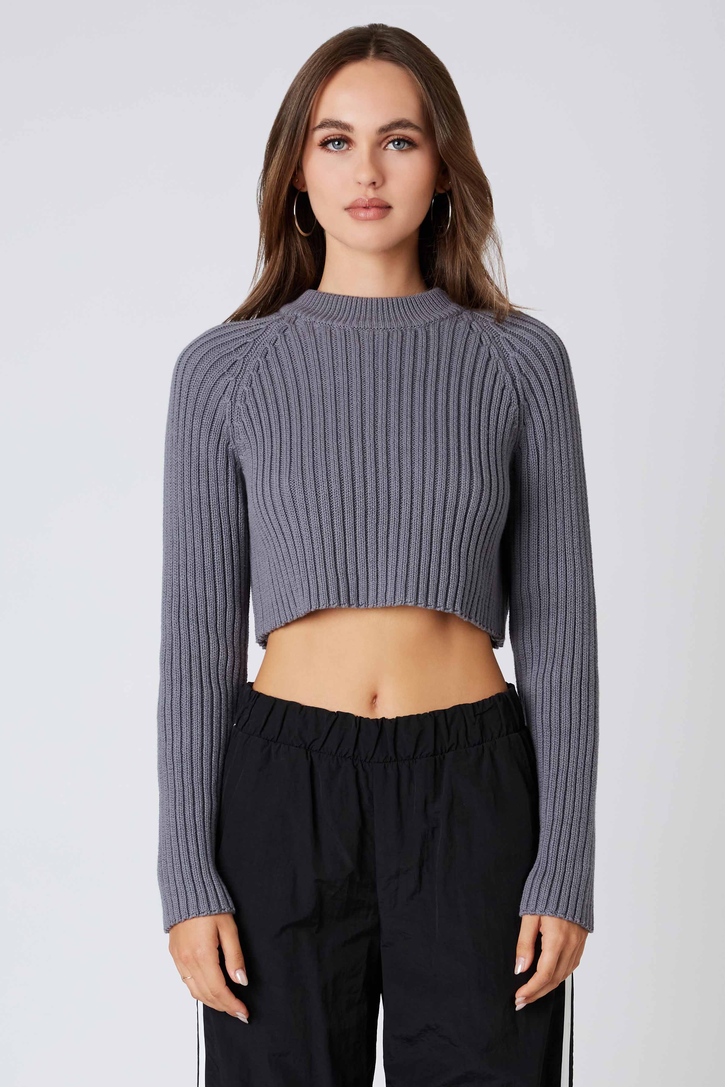 Knit Cropped Sweater Top in Pewter Front View