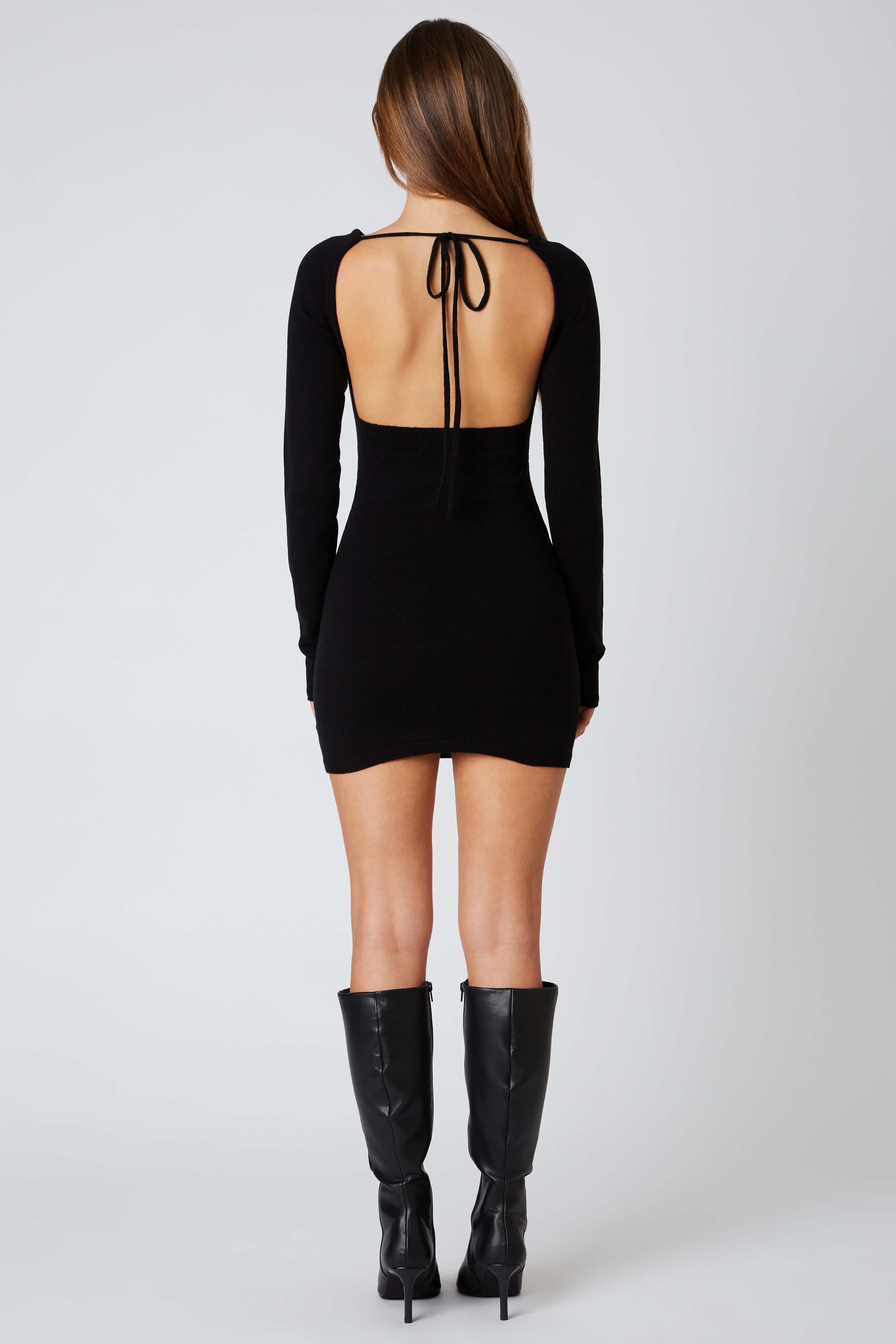 Knit Long Sleeve Mini Dress in Black Back View