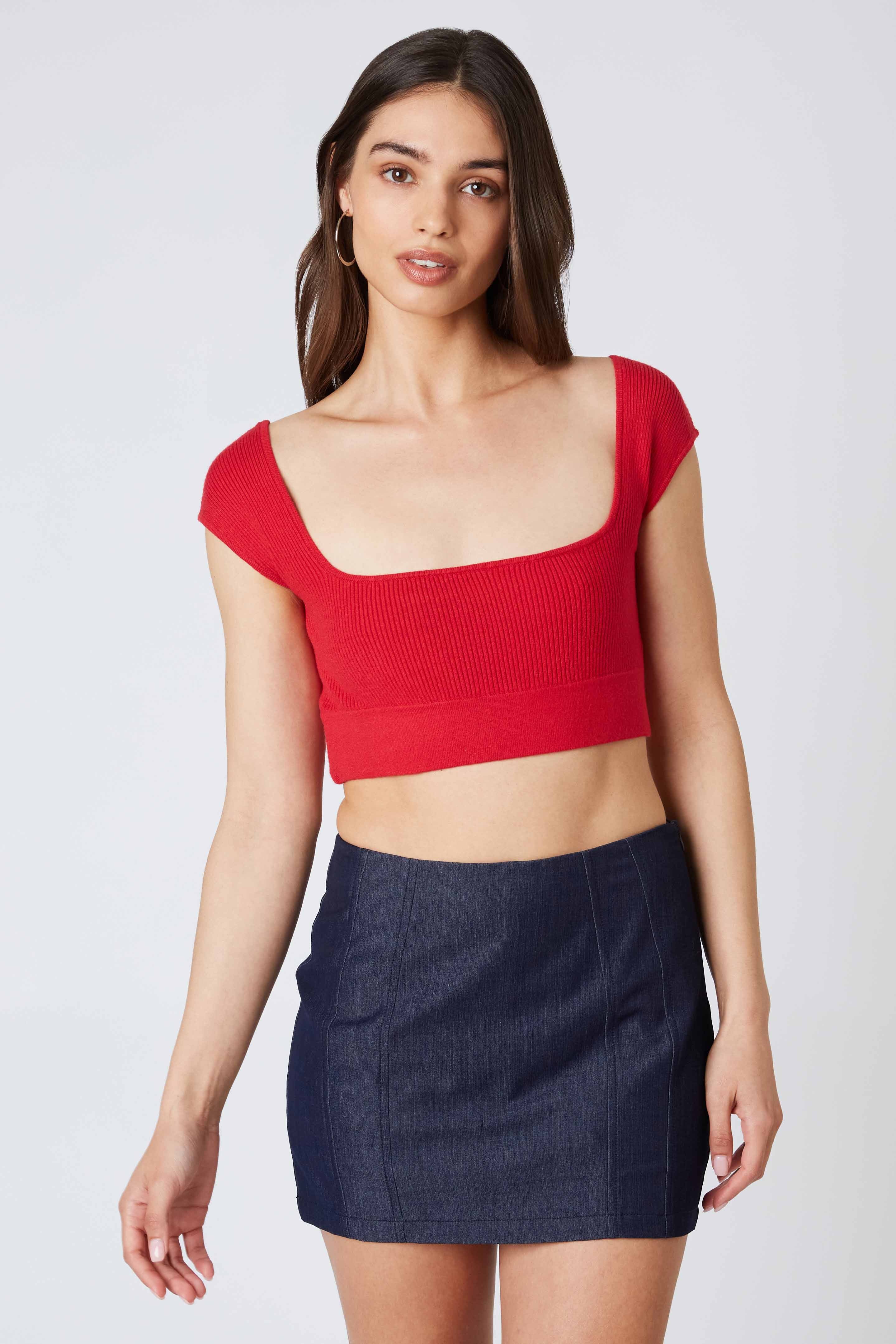 Square Neck Crop Top in Red Front View