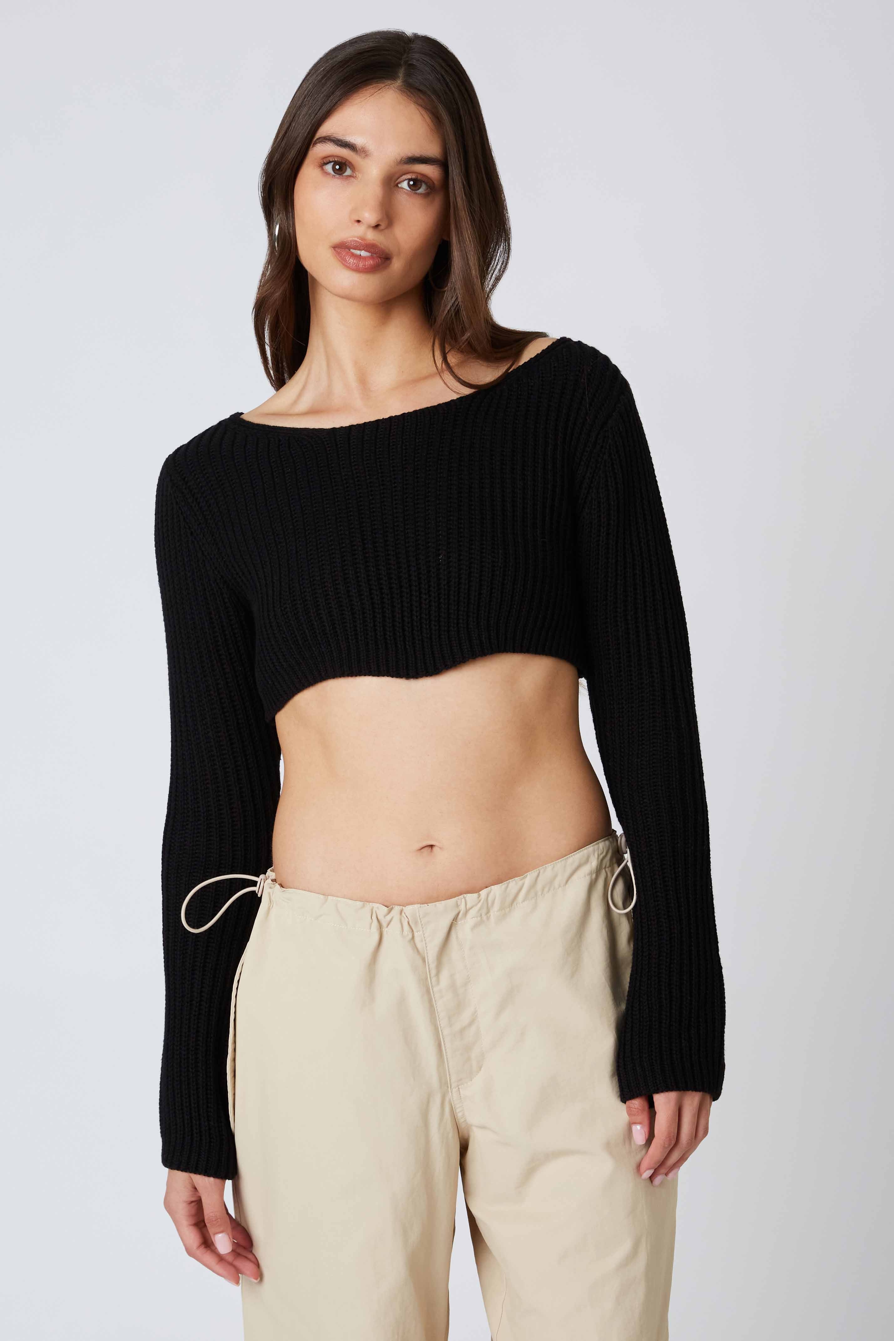 Knit Cropped Sweater Top in Black Front View