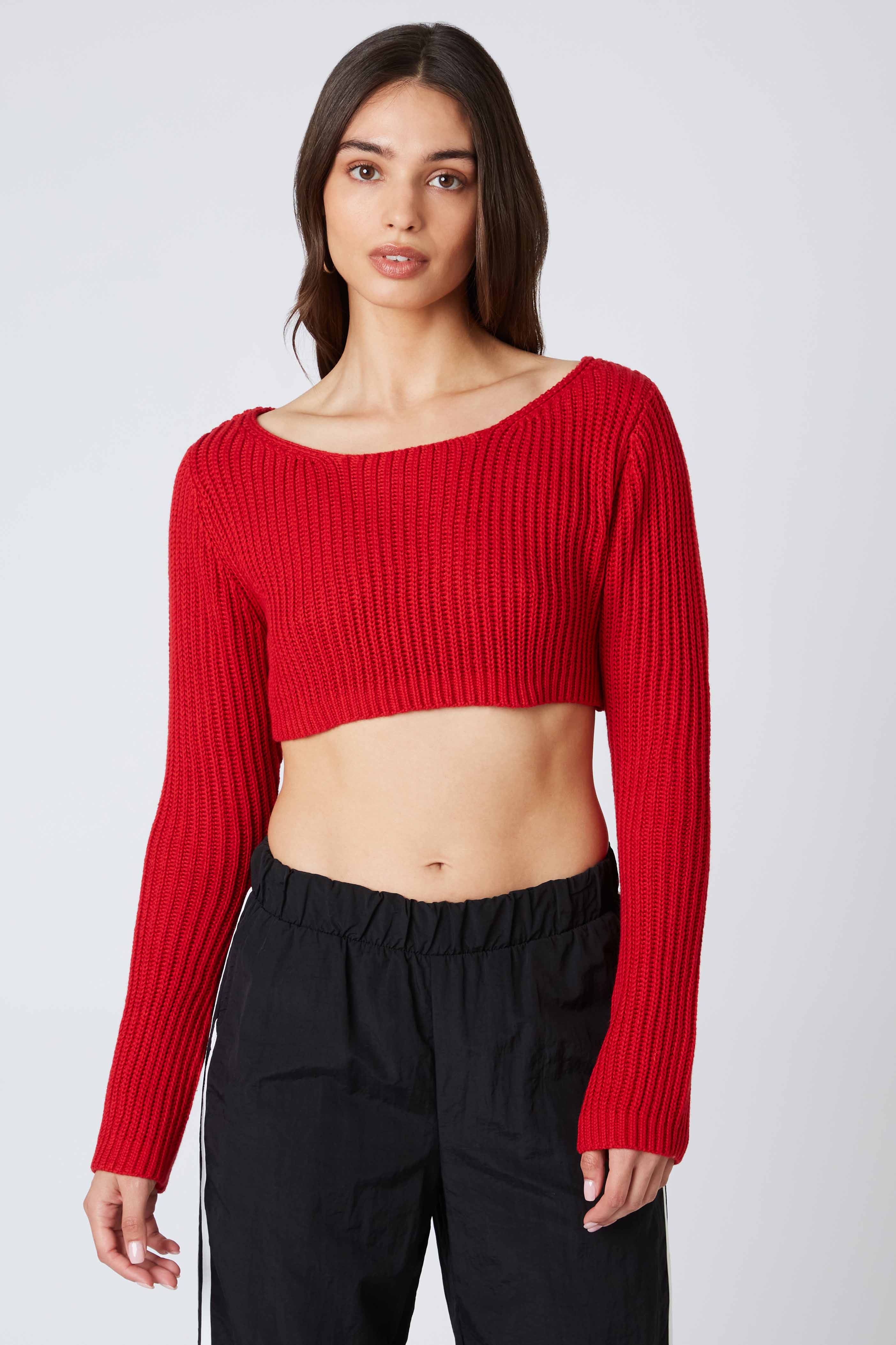 Knit Cropped Sweater Top in Red Front View