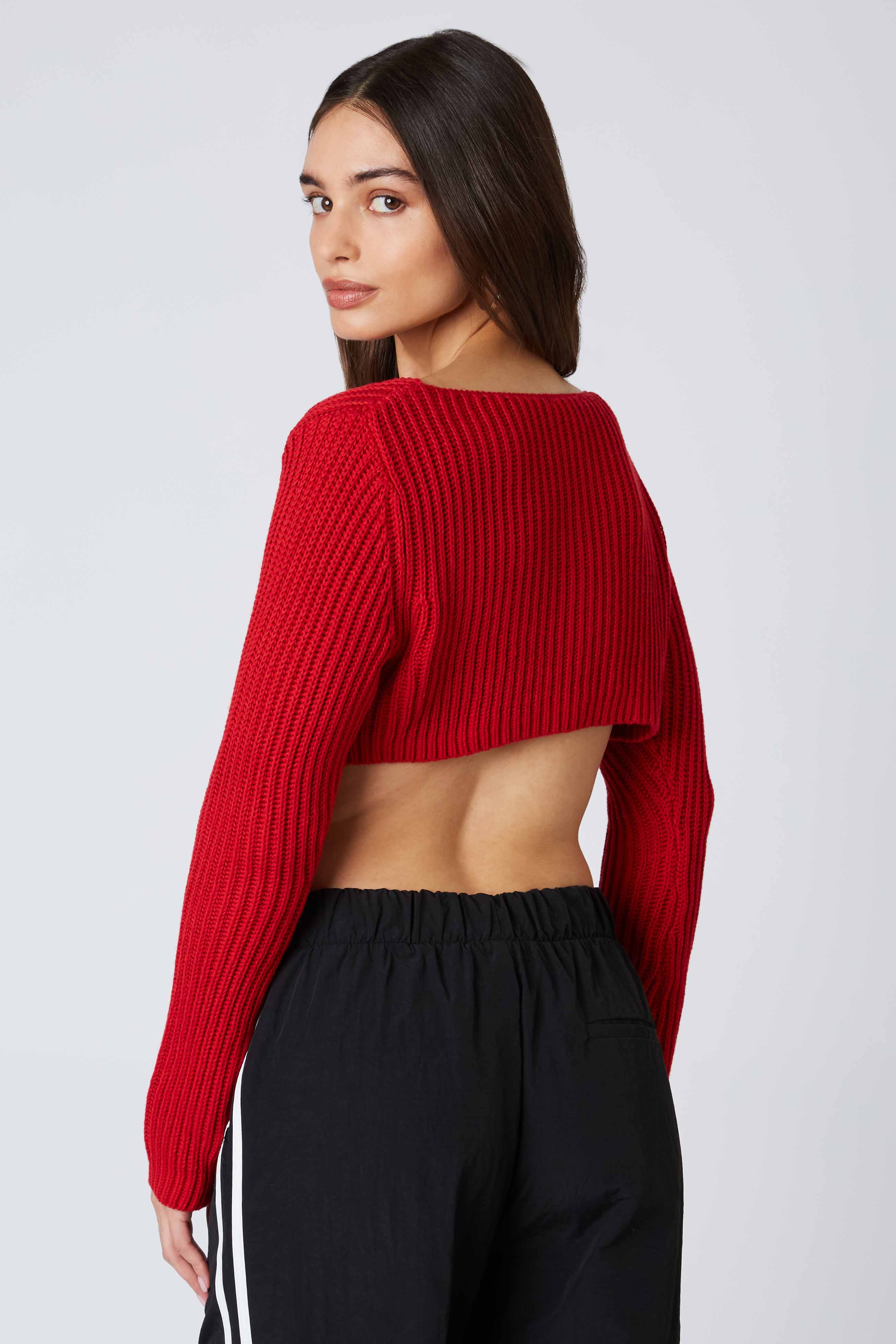 Knit Cropped Sweater Top in Red Back View