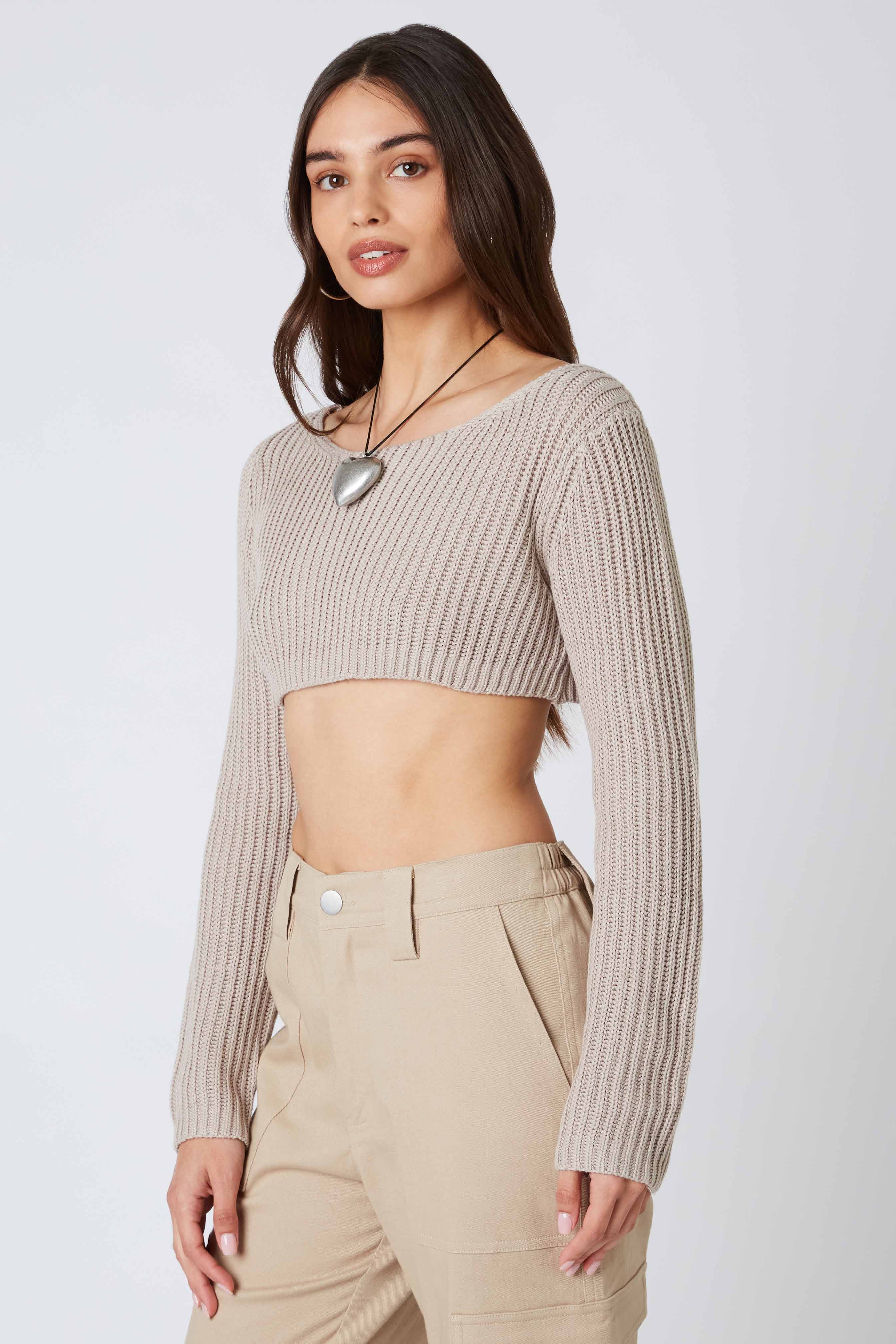 Knit Cropped Sweater Top in Stone Side View