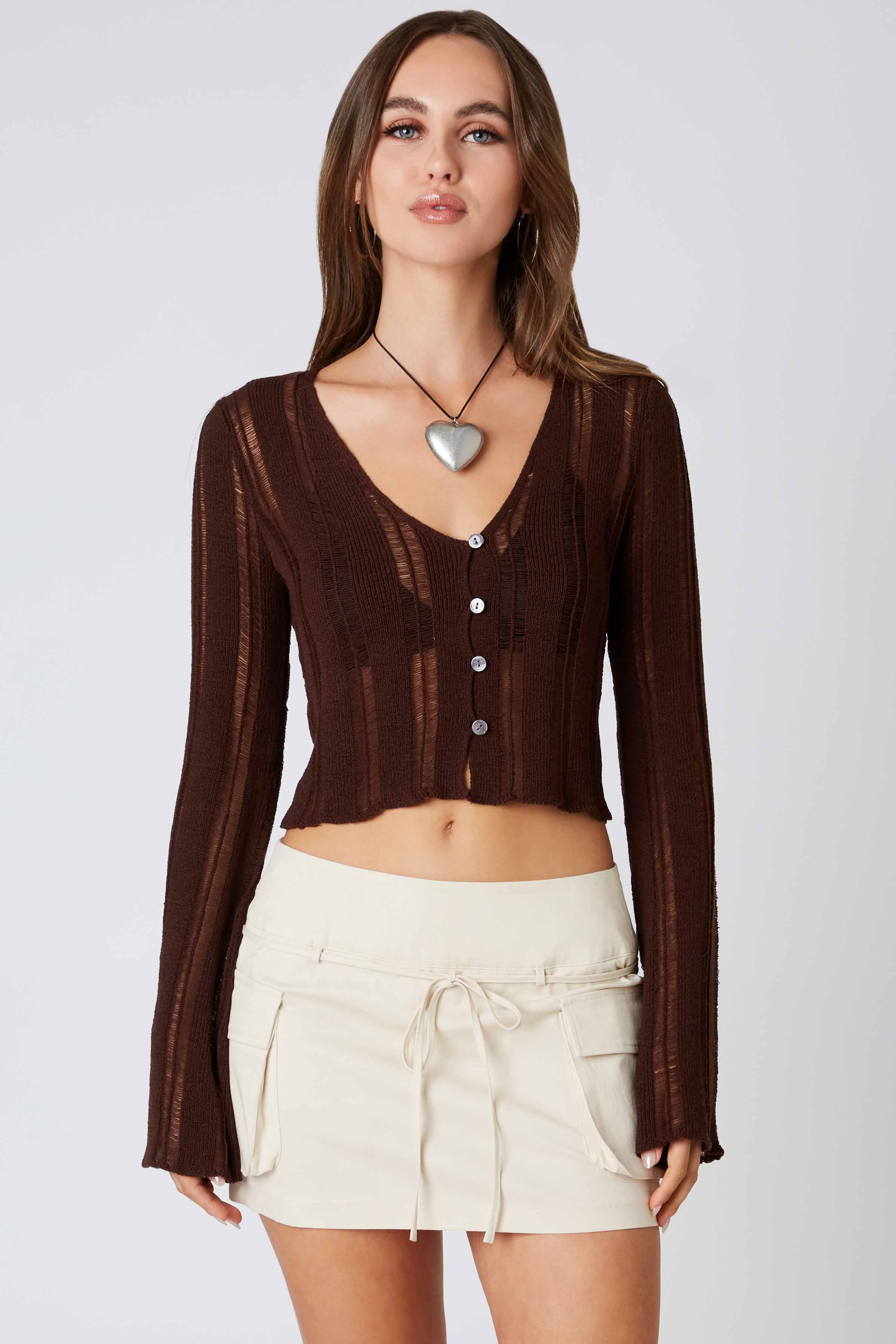 Crochet Knit Bell Sleeve Cardigan in Chocolate Front View