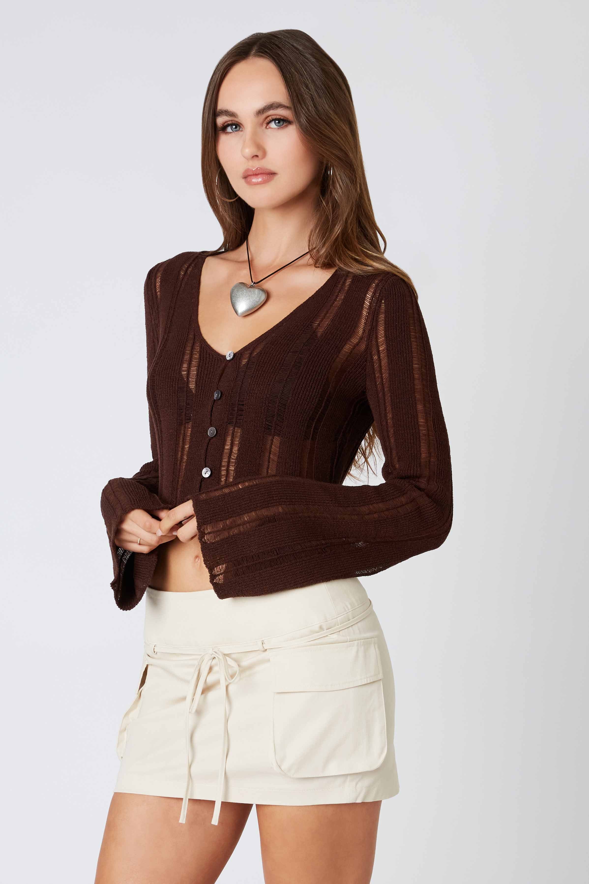 Crochet Knit Bell Sleeve Cardigan in Chocolate Side View
