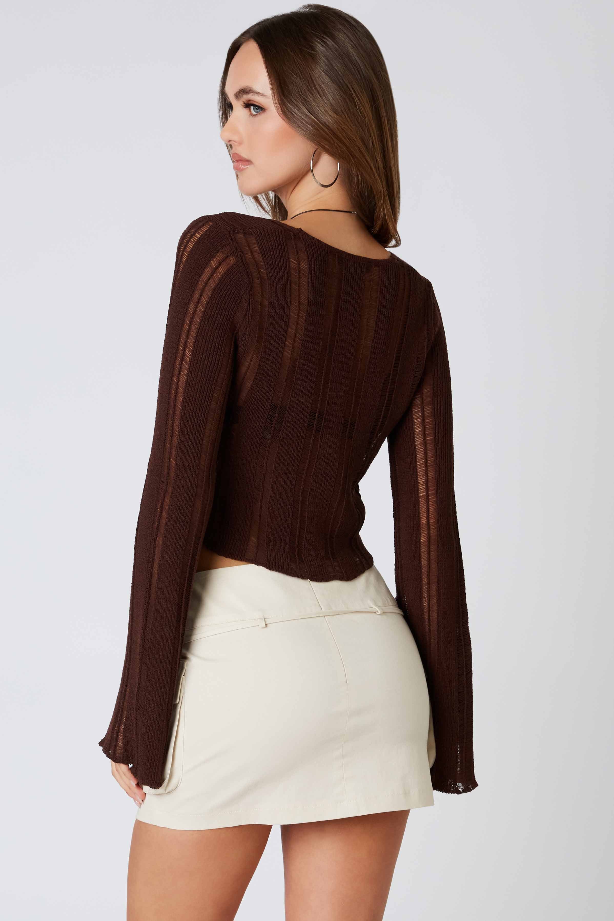 Crochet Knit Bell Sleeve Cardigan in Chocolate Back View
