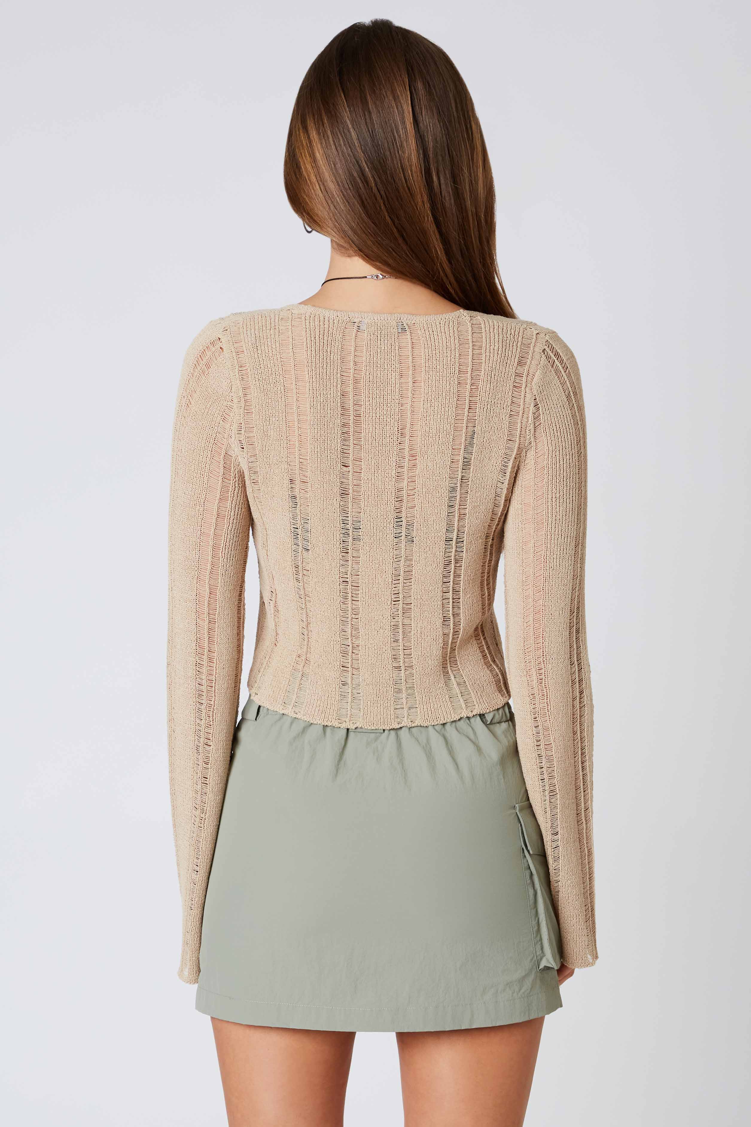 Crochet Knit Bell Sleeve Cardigan in Taupe Back View