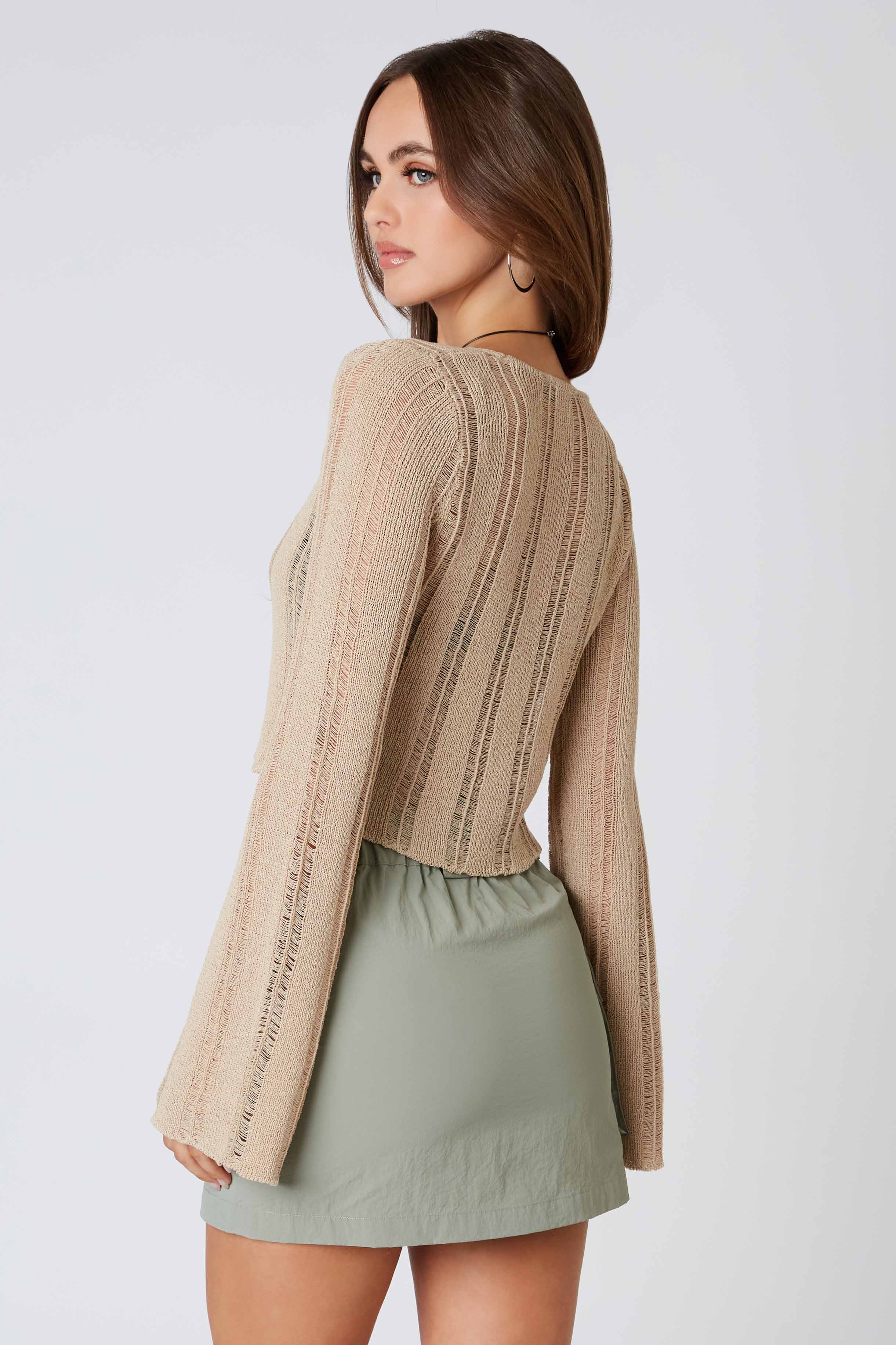 Crochet Knit Bell Sleeve Cardigan in Taupe Back View