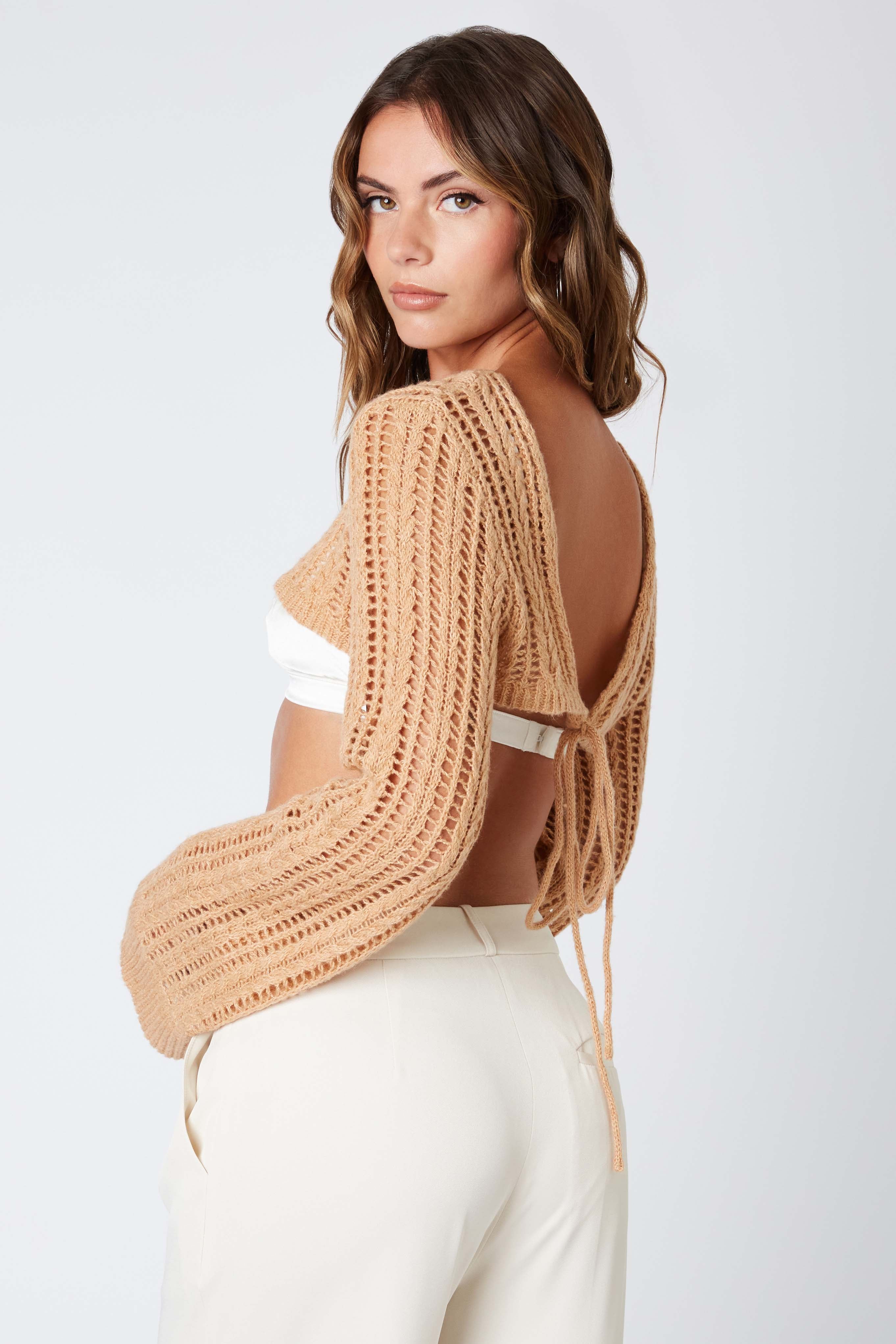 Open Knit Shrug in Caramel Back View