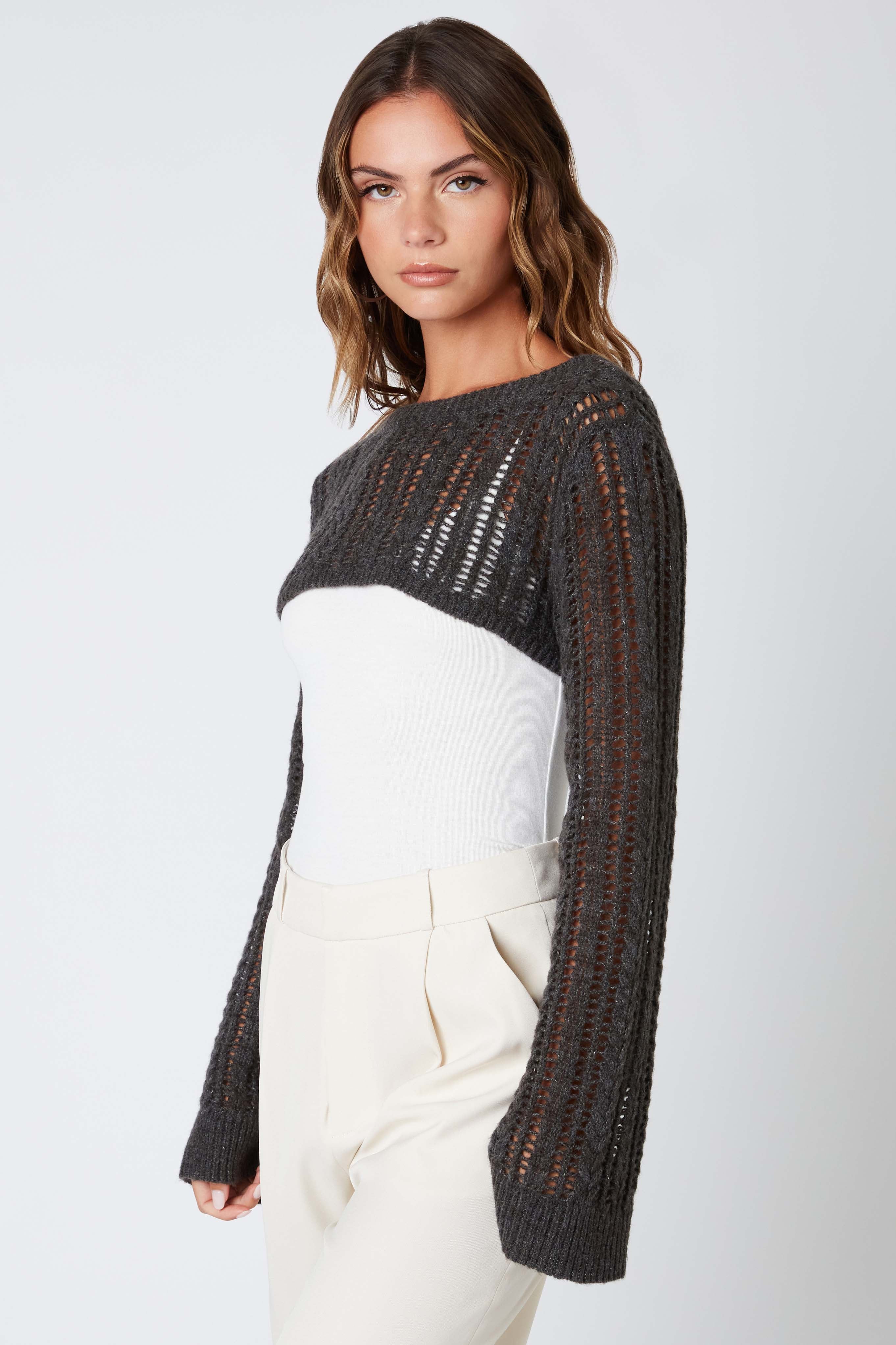 Open Knit Shrug in Charcoal Side View