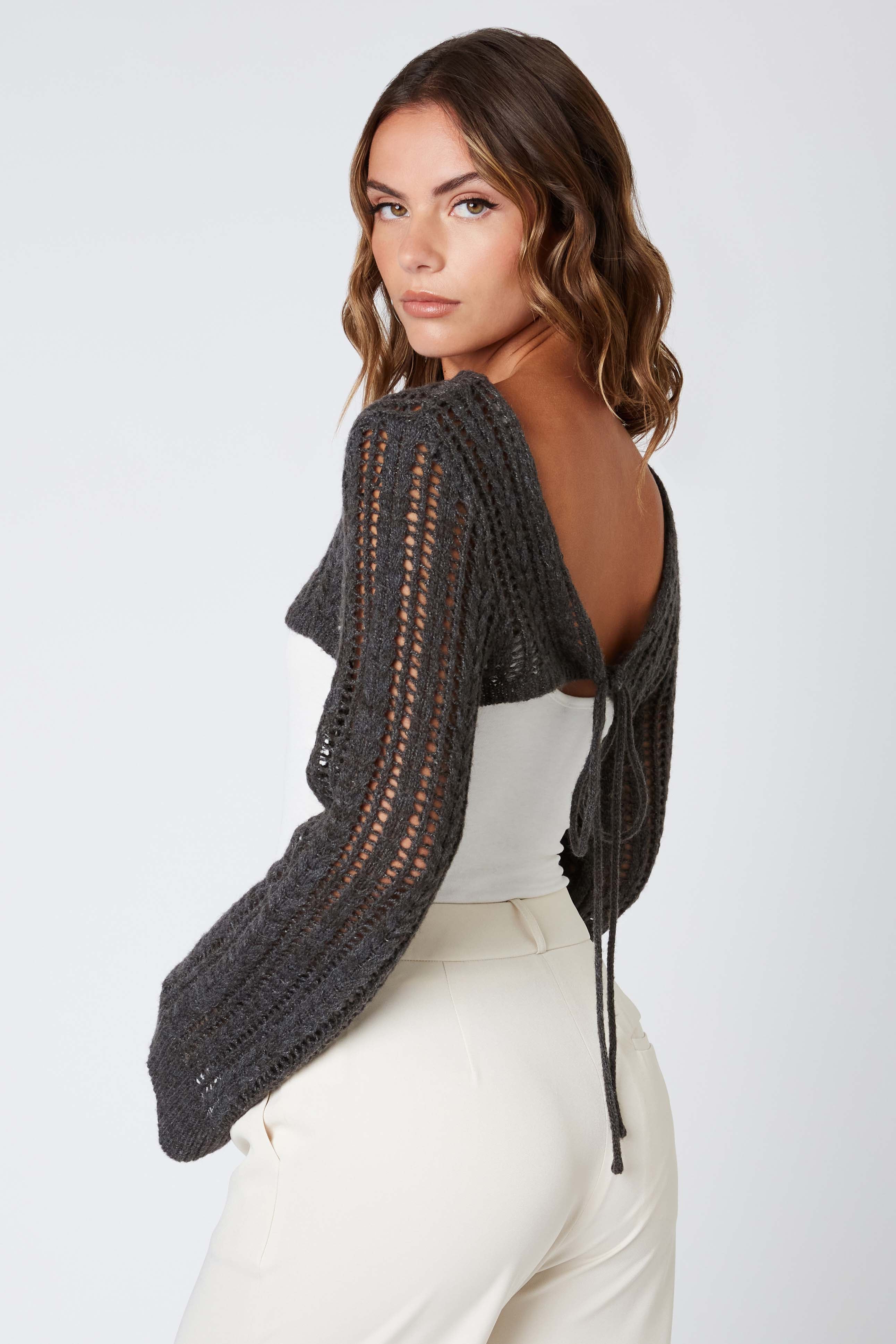 Open Knit Shrug in Charcoal Back View