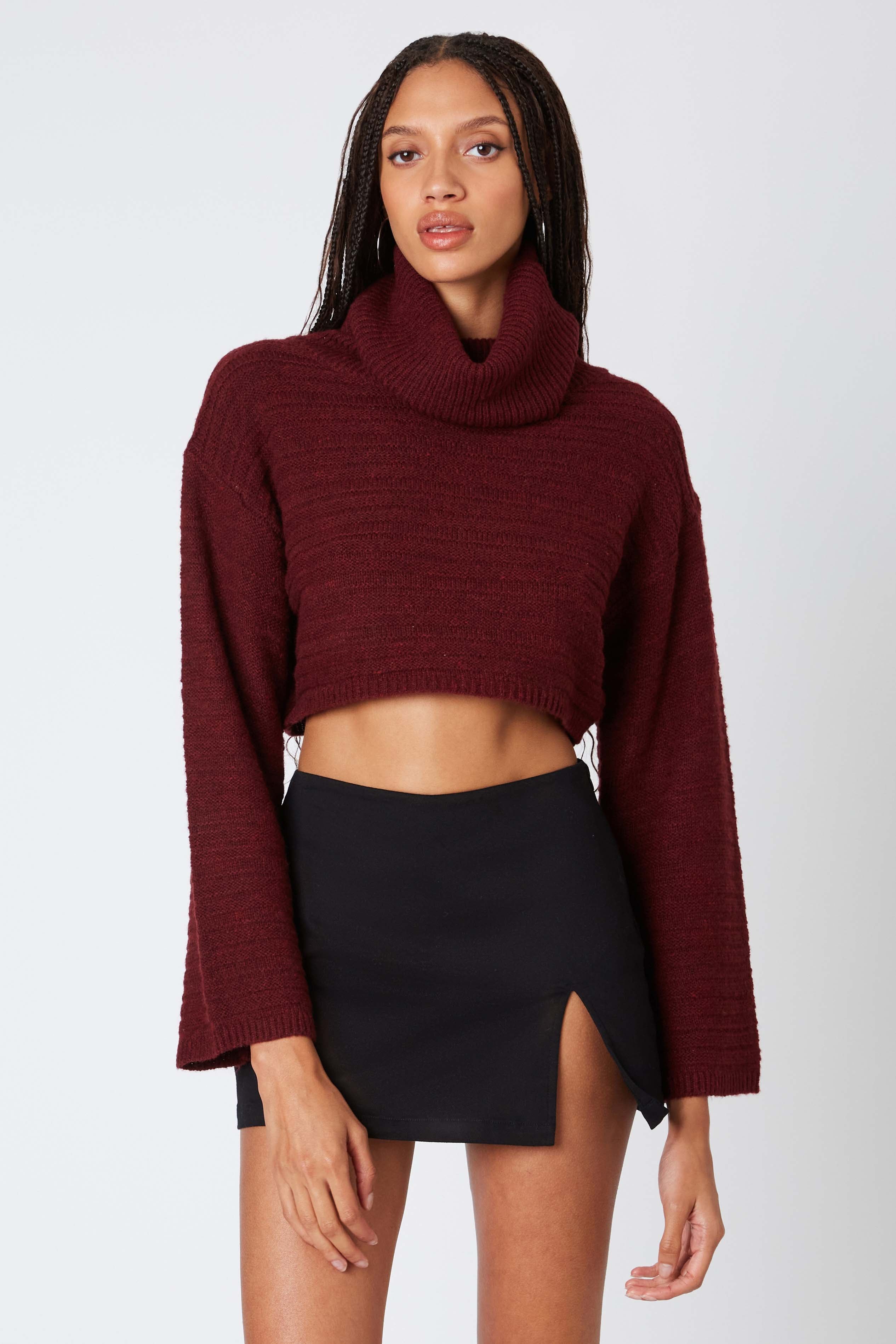 Cropped Turtleneck Sweater in Wine Front View