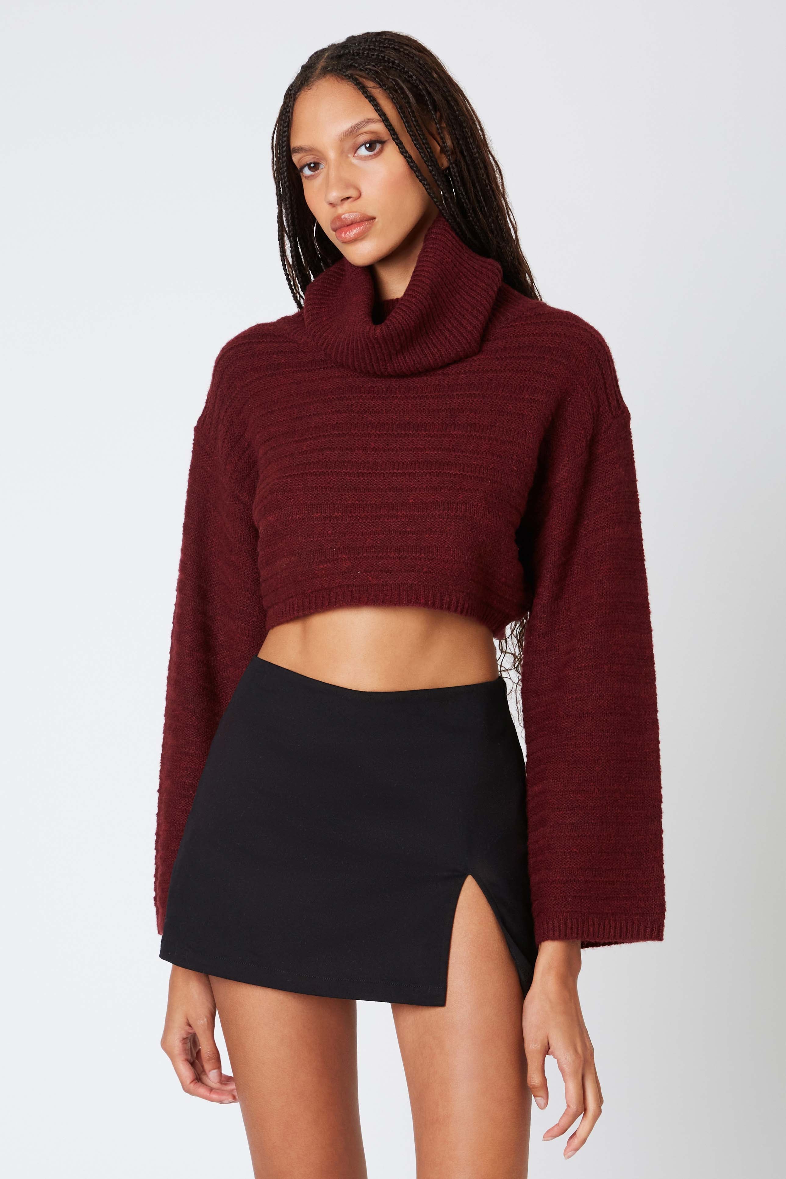 Cropped Turtleneck Sweater in Wine Front View