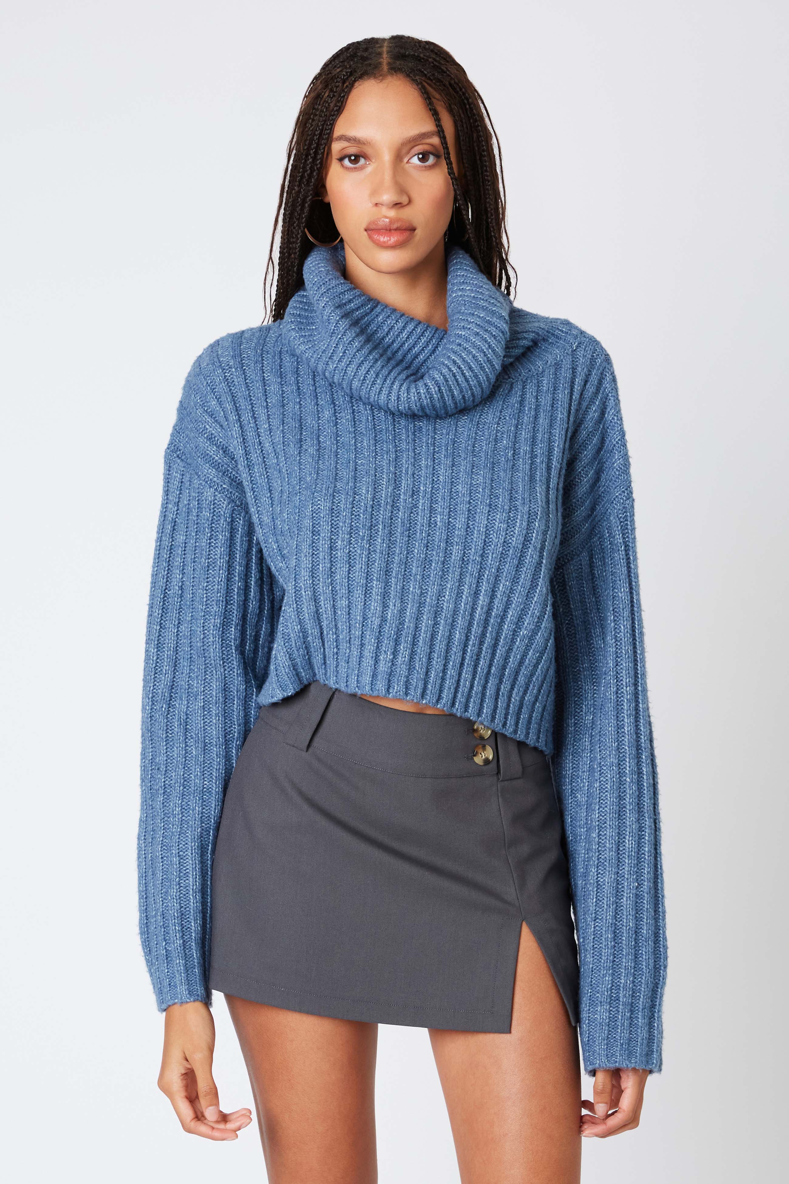 Cropped Turtleneck Sweater in Denim Front View