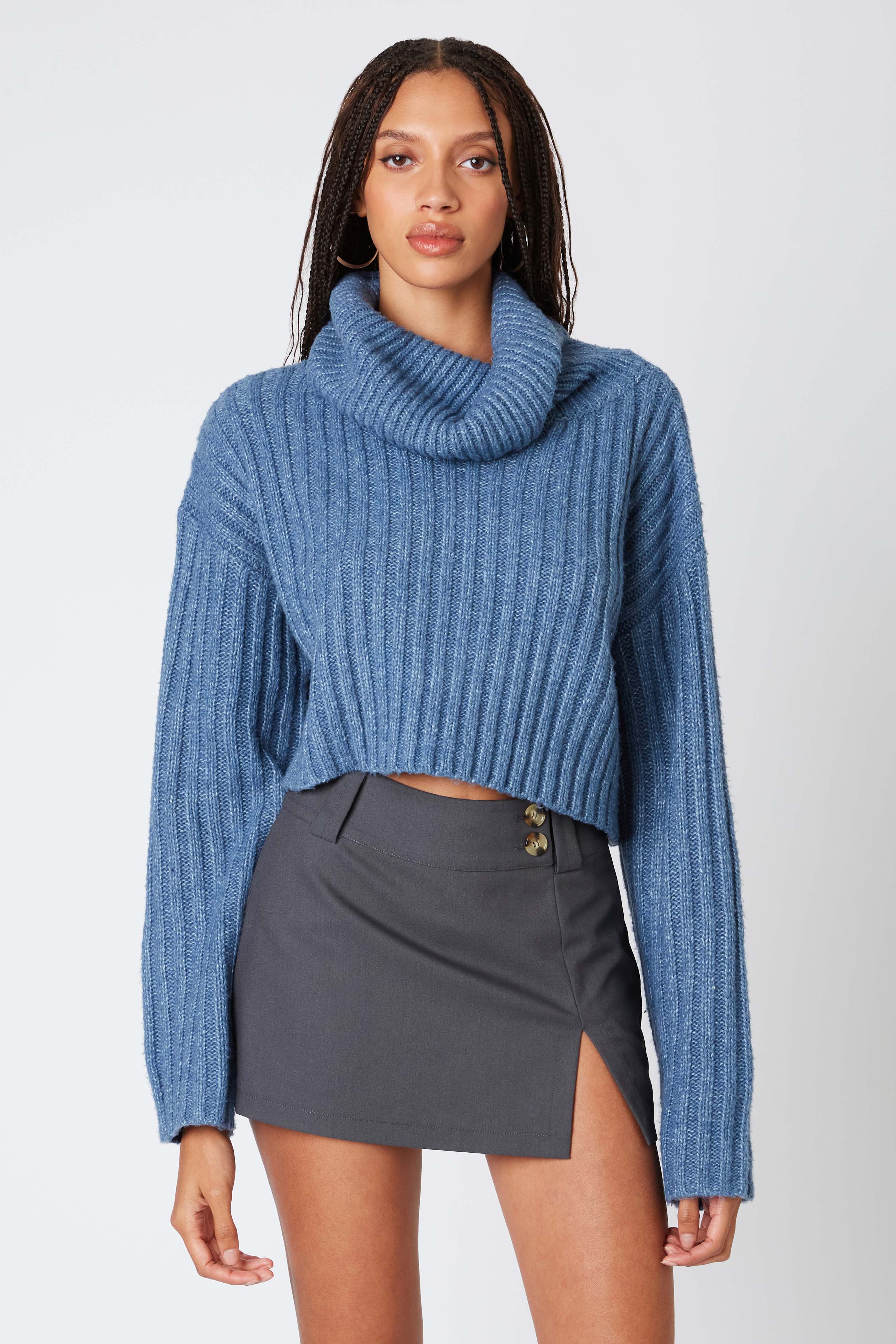 Cropped Turtleneck Sweater in Denim Front View