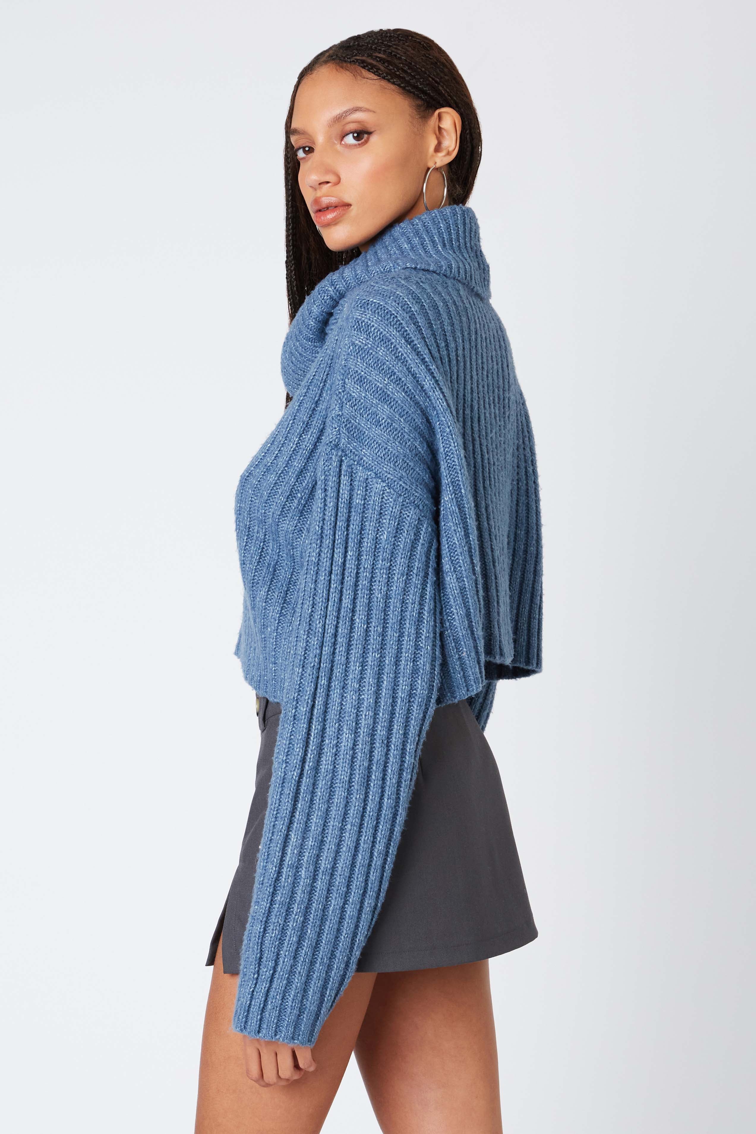 Cropped Turtleneck Sweater in Denim Back View