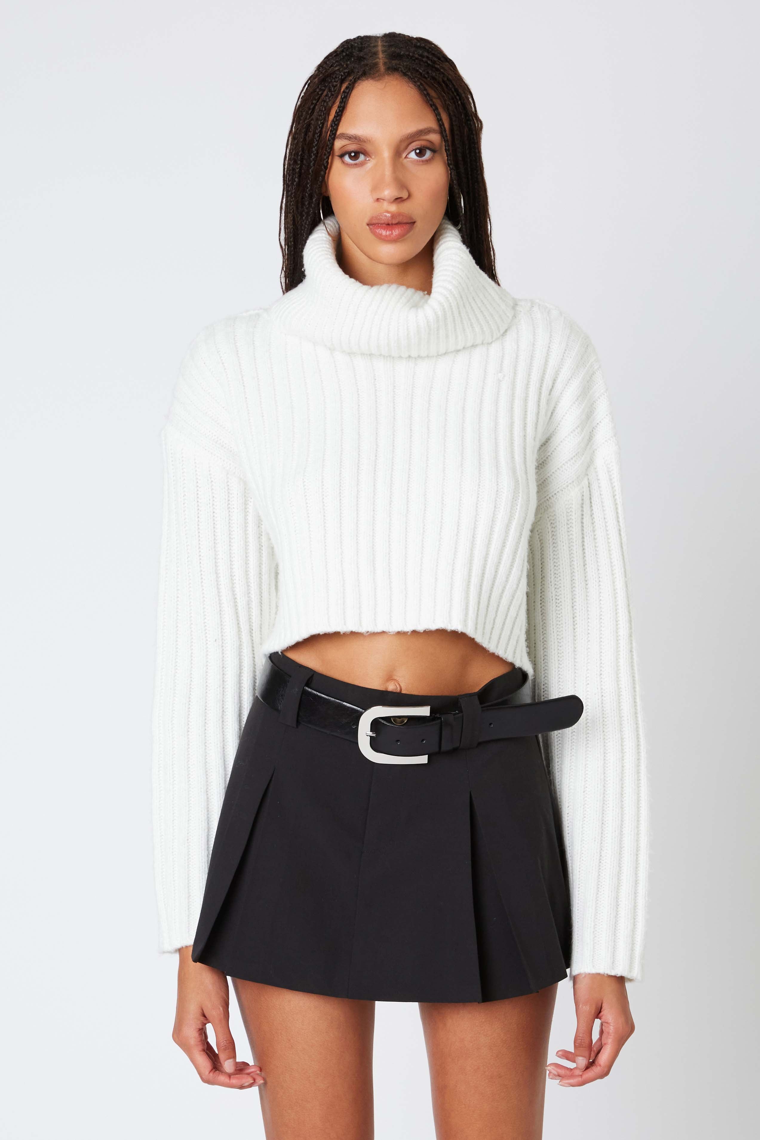 Cropped Turtleneck Sweater in White Front View