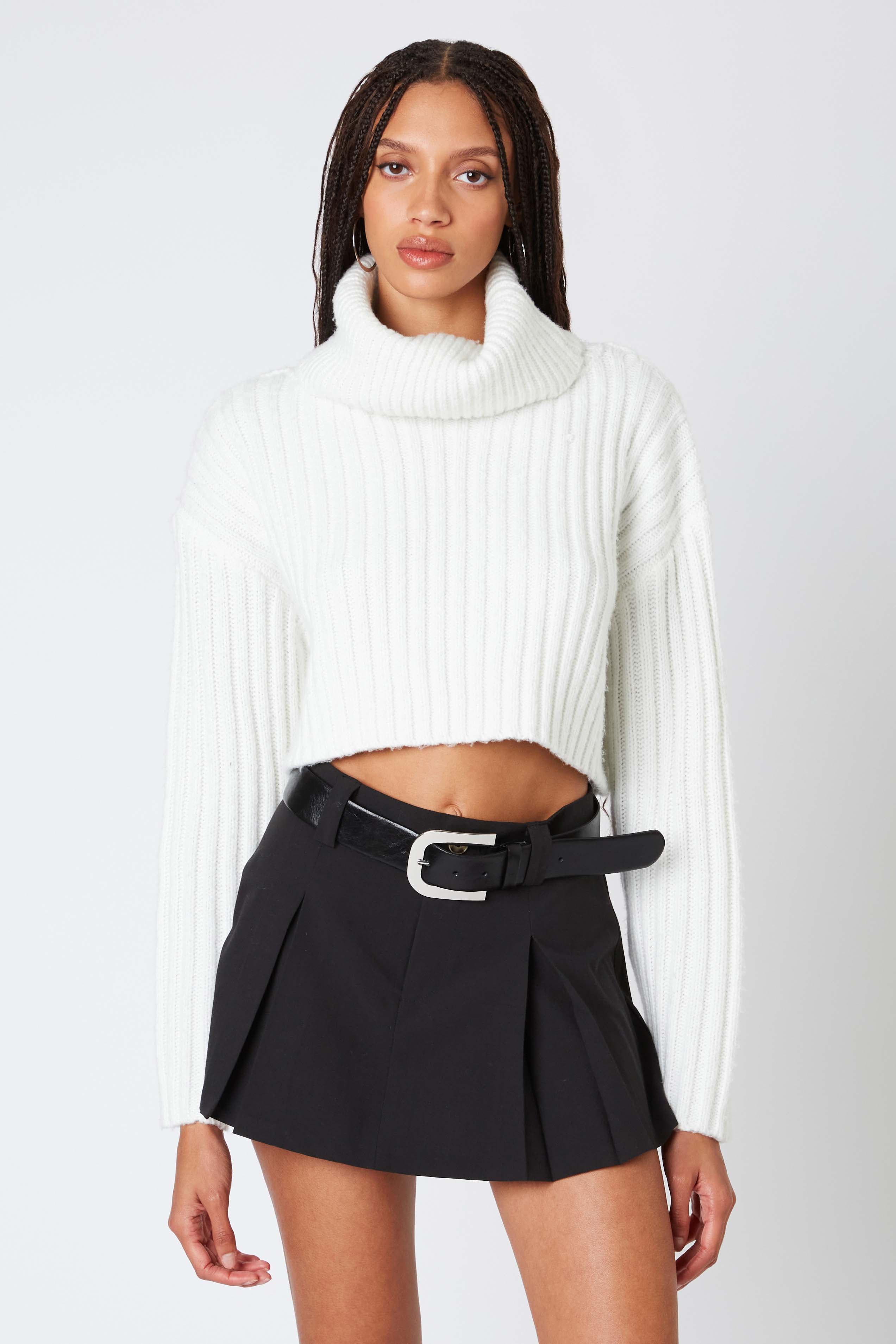 Cropped Turtleneck Sweater in White Front View