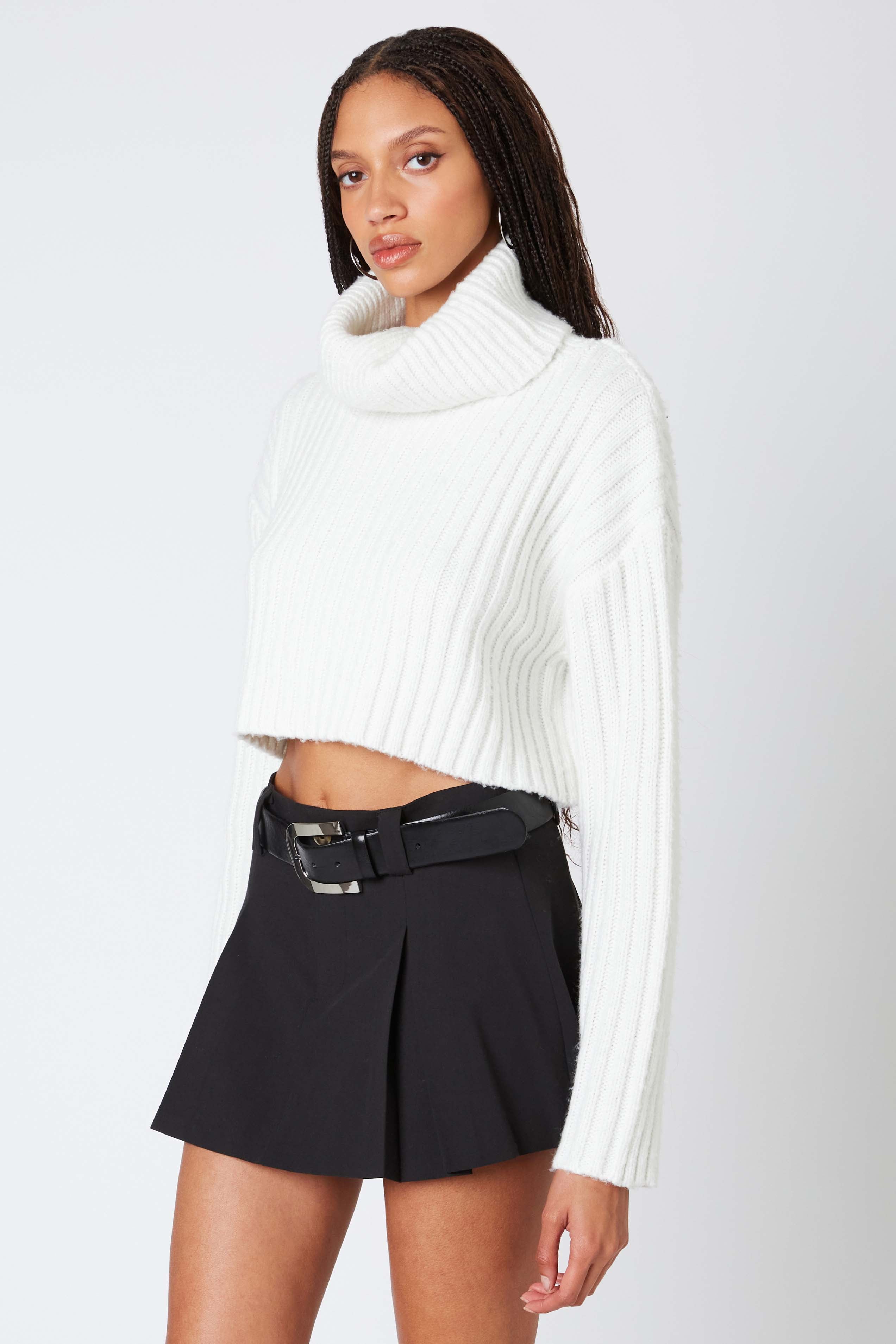 Cropped Turtleneck Sweater in White Side View